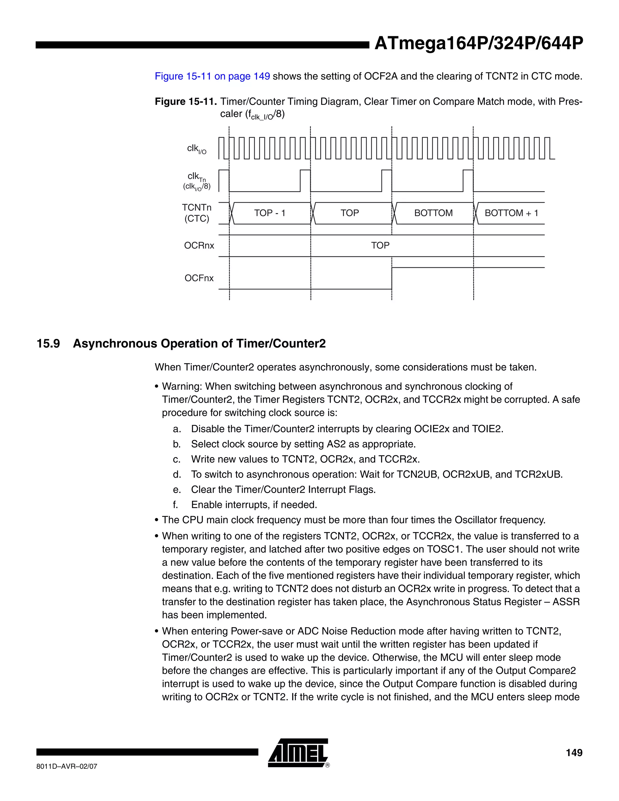 149
8011D–AVR–02/07
ATmega164P/324P/644P
Figure 15-11 on page 149 shows the setting of OCF2A and the clearing of TCNT2 in CTC mode.
Figure 15-11. Timer/Counter Timing Diagram, Clear Timer on Compare Match mode, with Pres-
caler (fclk_I/O/8)
15.9 Asynchronous Operation of Timer/Counter2
When Timer/Counter2 operates asynchronously, some considerations must be taken.
• Warning: When switching between asynchronous and synchronous clocking of
Timer/Counter2, the Timer Registers TCNT2, OCR2x, and TCCR2x might be corrupted. A safe
procedure for switching clock source is:
a. Disable the Timer/Counter2 interrupts by clearing OCIE2x and TOIE2.
b. Select clock source by setting AS2 as appropriate.
c. Write new values to TCNT2, OCR2x, and TCCR2x.
d. To switch to asynchronous operation: Wait for TCN2UB, OCR2xUB, and TCR2xUB.
e. Clear the Timer/Counter2 Interrupt Flags.
f. Enable interrupts, if needed.
• The CPU main clock frequency must be more than four times the Oscillator frequency.
• When writing to one of the registers TCNT2, OCR2x, or TCCR2x, the value is transferred to a
temporary register, and latched after two positive edges on TOSC1. The user should not write
a new value before the contents of the temporary register have been transferred to its
destination. Each of the five mentioned registers have their individual temporary register, which
means that e.g. writing to TCNT2 does not disturb an OCR2x write in progress. To detect that a
transfer to the destination register has taken place, the Asynchronous Status Register – ASSR
has been implemented.
• When entering Power-save or ADC Noise Reduction mode after having written to TCNT2,
OCR2x, or TCCR2x, the user must wait until the written register has been updated if
Timer/Counter2 is used to wake up the device. Otherwise, the MCU will enter sleep mode
before the changes are effective. This is particularly important if any of the Output Compare2
interrupt is used to wake up the device, since the Output Compare function is disabled during
writing to OCR2x or TCNT2. If the write cycle is not finished, and the MCU enters sleep mode
OCFnx
OCRnx
TCNTn
(CTC)
TOP
TOP - 1 TOP BOTTOM BOTTOM + 1
clkI/O
clkTn
(clkI/O/8)
 