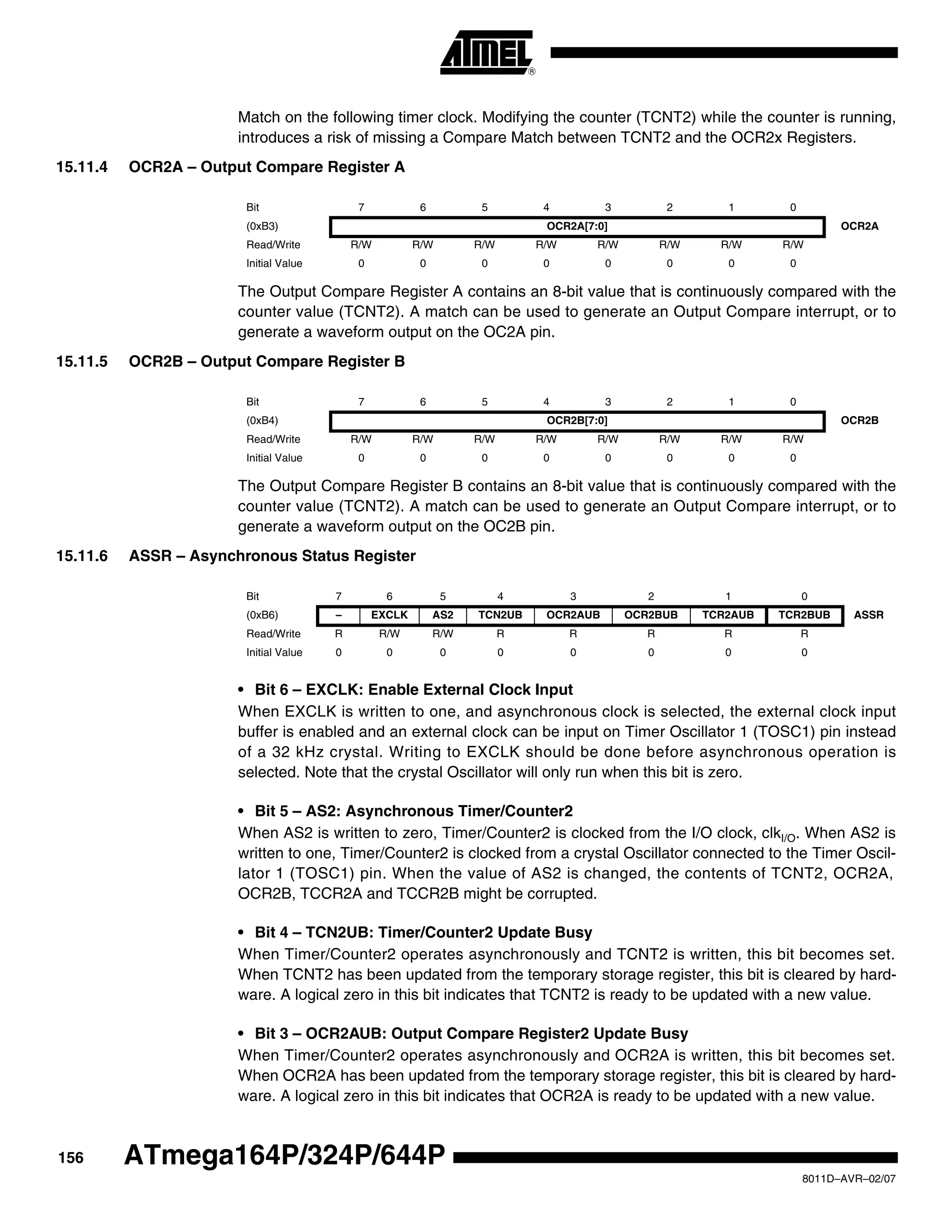 156
8011D–AVR–02/07
ATmega164P/324P/644P
Match on the following timer clock. Modifying the counter (TCNT2) while the counter is running,
introduces a risk of missing a Compare Match between TCNT2 and the OCR2x Registers.
15.11.4 OCR2A – Output Compare Register A
The Output Compare Register A contains an 8-bit value that is continuously compared with the
counter value (TCNT2). A match can be used to generate an Output Compare interrupt, or to
generate a waveform output on the OC2A pin.
15.11.5 OCR2B – Output Compare Register B
The Output Compare Register B contains an 8-bit value that is continuously compared with the
counter value (TCNT2). A match can be used to generate an Output Compare interrupt, or to
generate a waveform output on the OC2B pin.
15.11.6 ASSR – Asynchronous Status Register
• Bit 6 – EXCLK: Enable External Clock Input
When EXCLK is written to one, and asynchronous clock is selected, the external clock input
buffer is enabled and an external clock can be input on Timer Oscillator 1 (TOSC1) pin instead
of a 32 kHz crystal. Writing to EXCLK should be done before asynchronous operation is
selected. Note that the crystal Oscillator will only run when this bit is zero.
• Bit 5 – AS2: Asynchronous Timer/Counter2
When AS2 is written to zero, Timer/Counter2 is clocked from the I/O clock, clkI/O. When AS2 is
written to one, Timer/Counter2 is clocked from a crystal Oscillator connected to the Timer Oscil-
lator 1 (TOSC1) pin. When the value of AS2 is changed, the contents of TCNT2, OCR2A,
OCR2B, TCCR2A and TCCR2B might be corrupted.
• Bit 4 – TCN2UB: Timer/Counter2 Update Busy
When Timer/Counter2 operates asynchronously and TCNT2 is written, this bit becomes set.
When TCNT2 has been updated from the temporary storage register, this bit is cleared by hard-
ware. A logical zero in this bit indicates that TCNT2 is ready to be updated with a new value.
• Bit 3 – OCR2AUB: Output Compare Register2 Update Busy
When Timer/Counter2 operates asynchronously and OCR2A is written, this bit becomes set.
When OCR2A has been updated from the temporary storage register, this bit is cleared by hard-
ware. A logical zero in this bit indicates that OCR2A is ready to be updated with a new value.
Bit 7 6 5 4 3 2 1 0
(0xB3) OCR2A[7:0] OCR2A
Read/Write R/W R/W R/W R/W R/W R/W R/W R/W
Initial Value 0 0 0 0 0 0 0 0
Bit 7 6 5 4 3 2 1 0
(0xB4) OCR2B[7:0] OCR2B
Read/Write R/W R/W R/W R/W R/W R/W R/W R/W
Initial Value 0 0 0 0 0 0 0 0
Bit 7 6 5 4 3 2 1 0
(0xB6) – EXCLK AS2 TCN2UB OCR2AUB OCR2BUB TCR2AUB TCR2BUB ASSR
Read/Write R R/W R/W R R R R R
Initial Value 0 0 0 0 0 0 0 0
 