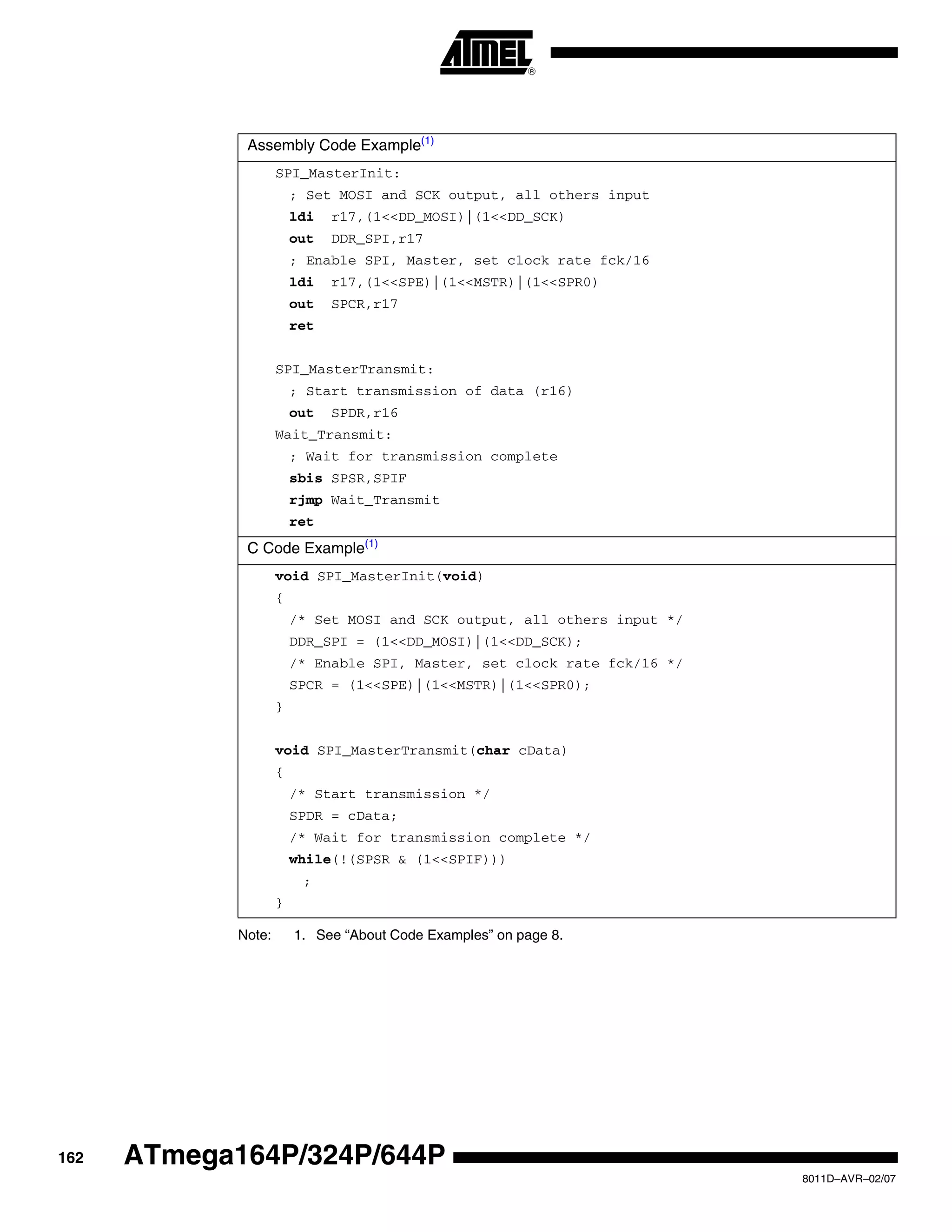 162
8011D–AVR–02/07
ATmega164P/324P/644P
Note: 1. See “About Code Examples” on page 8.
Assembly Code Example(1)
SPI_MasterInit:
; Set MOSI and SCK output, all others input
ldi r17,(1<<DD_MOSI)|(1<<DD_SCK)
out DDR_SPI,r17
; Enable SPI, Master, set clock rate fck/16
ldi r17,(1<<SPE)|(1<<MSTR)|(1<<SPR0)
out SPCR,r17
ret
SPI_MasterTransmit:
; Start transmission of data (r16)
out SPDR,r16
Wait_Transmit:
; Wait for transmission complete
sbis SPSR,SPIF
rjmp Wait_Transmit
ret
C Code Example(1)
void SPI_MasterInit(void)
{
/* Set MOSI and SCK output, all others input */
DDR_SPI = (1<<DD_MOSI)|(1<<DD_SCK);
/* Enable SPI, Master, set clock rate fck/16 */
SPCR = (1<<SPE)|(1<<MSTR)|(1<<SPR0);
}
void SPI_MasterTransmit(char cData)
{
/* Start transmission */
SPDR = cData;
/* Wait for transmission complete */
while(!(SPSR & (1<<SPIF)))
;
}
 