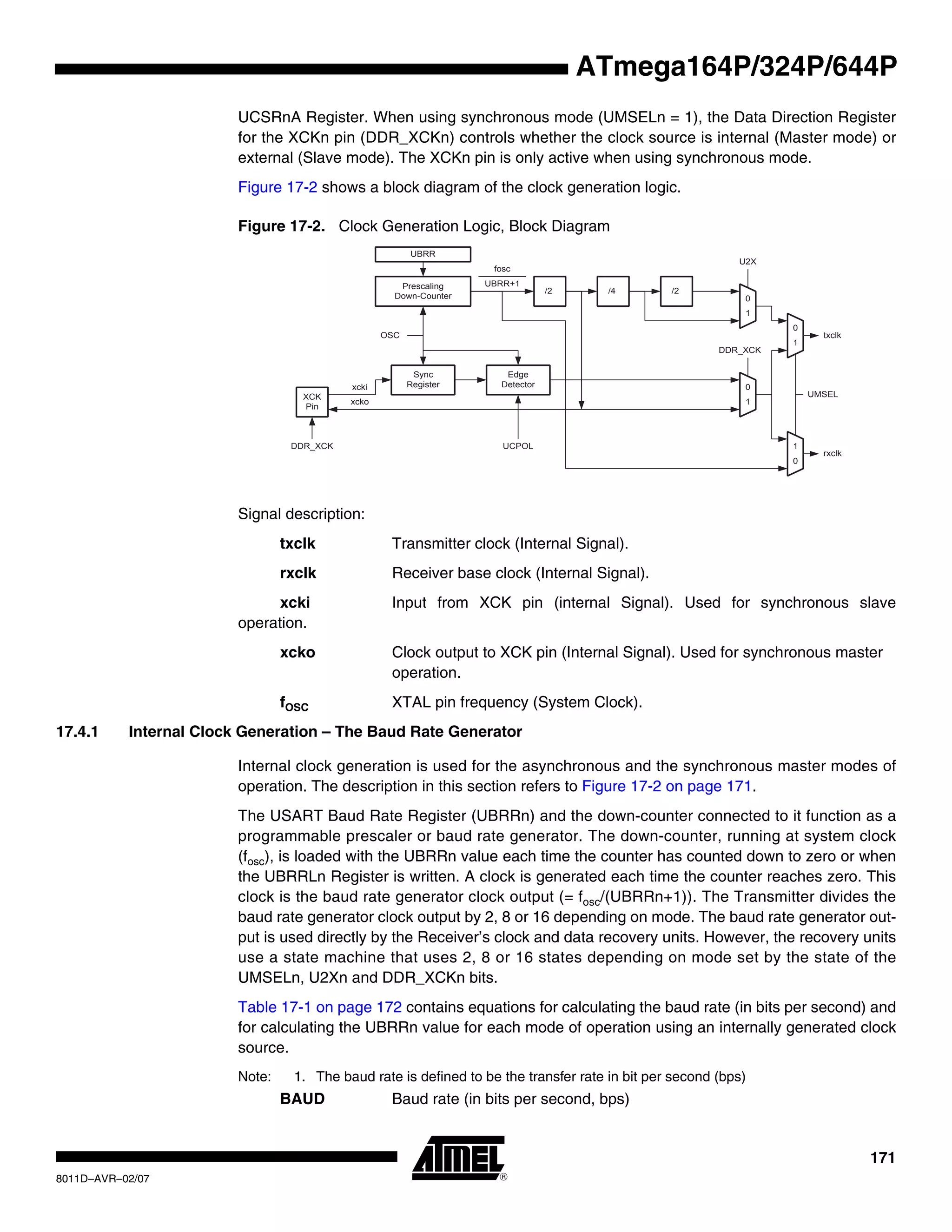171
8011D–AVR–02/07
ATmega164P/324P/644P
UCSRnA Register. When using synchronous mode (UMSELn = 1), the Data Direction Register
for the XCKn pin (DDR_XCKn) controls whether the clock source is internal (Master mode) or
external (Slave mode). The XCKn pin is only active when using synchronous mode.
Figure 17-2 shows a block diagram of the clock generation logic.
Figure 17-2. Clock Generation Logic, Block Diagram
Signal description:
txclk Transmitter clock (Internal Signal).
rxclk Receiver base clock (Internal Signal).
xcki Input from XCK pin (internal Signal). Used for synchronous slave
operation.
xcko Clock output to XCK pin (Internal Signal). Used for synchronous master
operation.
fOSC XTAL pin frequency (System Clock).
17.4.1 Internal Clock Generation – The Baud Rate Generator
Internal clock generation is used for the asynchronous and the synchronous master modes of
operation. The description in this section refers to Figure 17-2 on page 171.
The USART Baud Rate Register (UBRRn) and the down-counter connected to it function as a
programmable prescaler or baud rate generator. The down-counter, running at system clock
(fosc), is loaded with the UBRRn value each time the counter has counted down to zero or when
the UBRRLn Register is written. A clock is generated each time the counter reaches zero. This
clock is the baud rate generator clock output (= fosc/(UBRRn+1)). The Transmitter divides the
baud rate generator clock output by 2, 8 or 16 depending on mode. The baud rate generator out-
put is used directly by the Receiver’s clock and data recovery units. However, the recovery units
use a state machine that uses 2, 8 or 16 states depending on mode set by the state of the
UMSELn, U2Xn and DDR_XCKn bits.
Table 17-1 on page 172 contains equations for calculating the baud rate (in bits per second) and
for calculating the UBRRn value for each mode of operation using an internally generated clock
source.
Note: 1. The baud rate is defined to be the transfer rate in bit per second (bps)
BAUD Baud rate (in bits per second, bps)
Prescaling
Down-Counter
/2
UBRR
/4 /2
fosc
UBRR+1
Sync
Register
OSC
XCK
Pin
txclk
U2X
UMSEL
DDR_XCK
0
1
0
1
xcki
xcko
DDR_XCK
rxclk
0
1
1
0
Edge
Detector
UCPOL
 