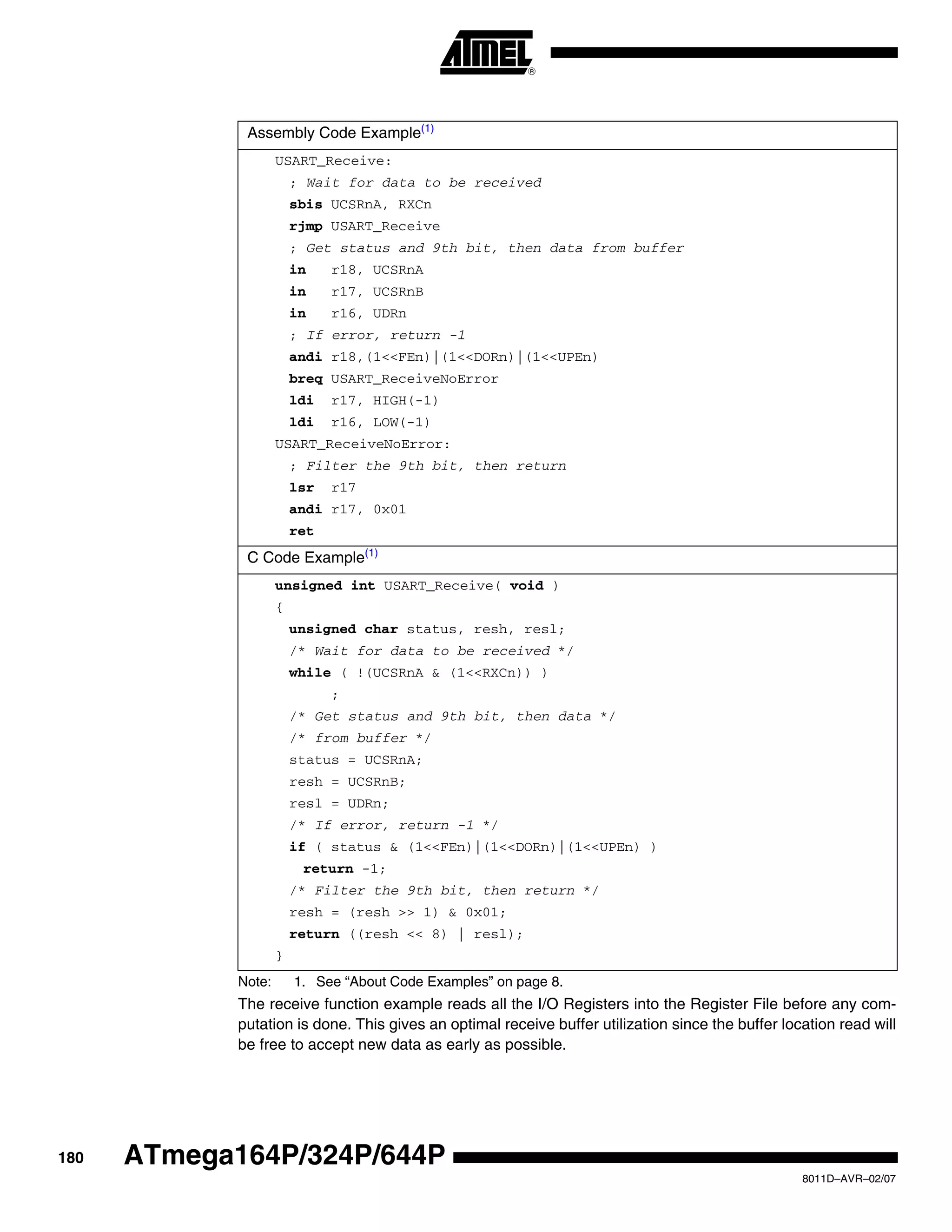 180
8011D–AVR–02/07
ATmega164P/324P/644P
Note: 1. See “About Code Examples” on page 8.
The receive function example reads all the I/O Registers into the Register File before any com-
putation is done. This gives an optimal receive buffer utilization since the buffer location read will
be free to accept new data as early as possible.
Assembly Code Example(1)
USART_Receive:
; Wait for data to be received
sbis UCSRnA, RXCn
rjmp USART_Receive
; Get status and 9th bit, then data from buffer
in r18, UCSRnA
in r17, UCSRnB
in r16, UDRn
; If error, return -1
andi r18,(1<<FEn)|(1<<DORn)|(1<<UPEn)
breq USART_ReceiveNoError
ldi r17, HIGH(-1)
ldi r16, LOW(-1)
USART_ReceiveNoError:
; Filter the 9th bit, then return
lsr r17
andi r17, 0x01
ret
C Code Example(1)
unsigned int USART_Receive( void )
{
unsigned char status, resh, resl;
/* Wait for data to be received */
while ( !(UCSRnA & (1<<RXCn)) )
;
/* Get status and 9th bit, then data */
/* from buffer */
status = UCSRnA;
resh = UCSRnB;
resl = UDRn;
/* If error, return -1 */
if ( status & (1<<FEn)|(1<<DORn)|(1<<UPEn) )
return -1;
/* Filter the 9th bit, then return */
resh = (resh >> 1) & 0x01;
return ((resh << 8) | resl);
}
 