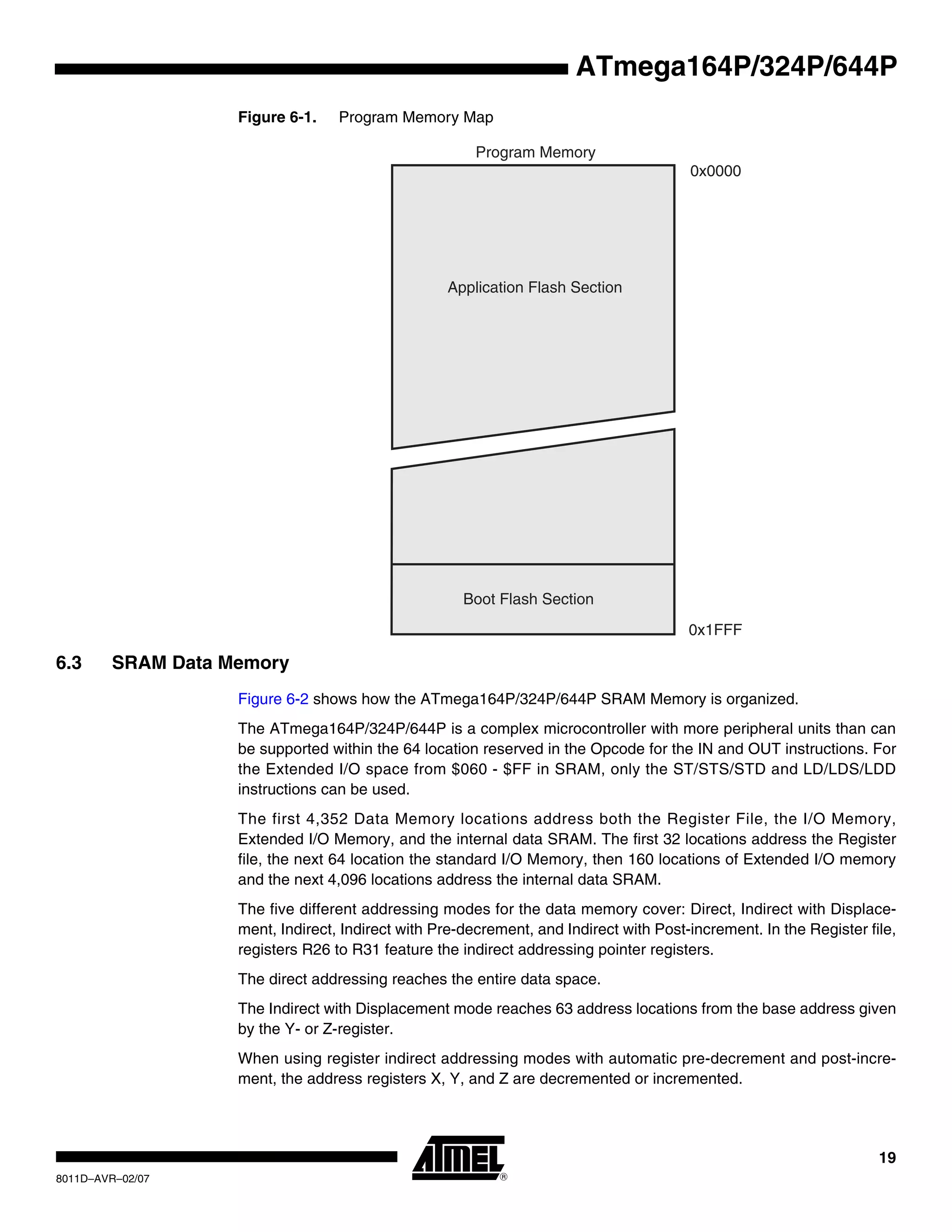 19
8011D–AVR–02/07
ATmega164P/324P/644P
Figure 6-1. Program Memory Map
6.3 SRAM Data Memory
Figure 6-2 shows how the ATmega164P/324P/644P SRAM Memory is organized.
The ATmega164P/324P/644P is a complex microcontroller with more peripheral units than can
be supported within the 64 location reserved in the Opcode for the IN and OUT instructions. For
the Extended I/O space from $060 - $FF in SRAM, only the ST/STS/STD and LD/LDS/LDD
instructions can be used.
The first 4,352 Data Memory locations address both the Register File, the I/O Memory,
Extended I/O Memory, and the internal data SRAM. The first 32 locations address the Register
file, the next 64 location the standard I/O Memory, then 160 locations of Extended I/O memory
and the next 4,096 locations address the internal data SRAM.
The five different addressing modes for the data memory cover: Direct, Indirect with Displace-
ment, Indirect, Indirect with Pre-decrement, and Indirect with Post-increment. In the Register file,
registers R26 to R31 feature the indirect addressing pointer registers.
The direct addressing reaches the entire data space.
The Indirect with Displacement mode reaches 63 address locations from the base address given
by the Y- or Z-register.
When using register indirect addressing modes with automatic pre-decrement and post-incre-
ment, the address registers X, Y, and Z are decremented or incremented.
Application Flash Section
Boot Flash Section
Program Memory
0x1FFF
0x0000
 