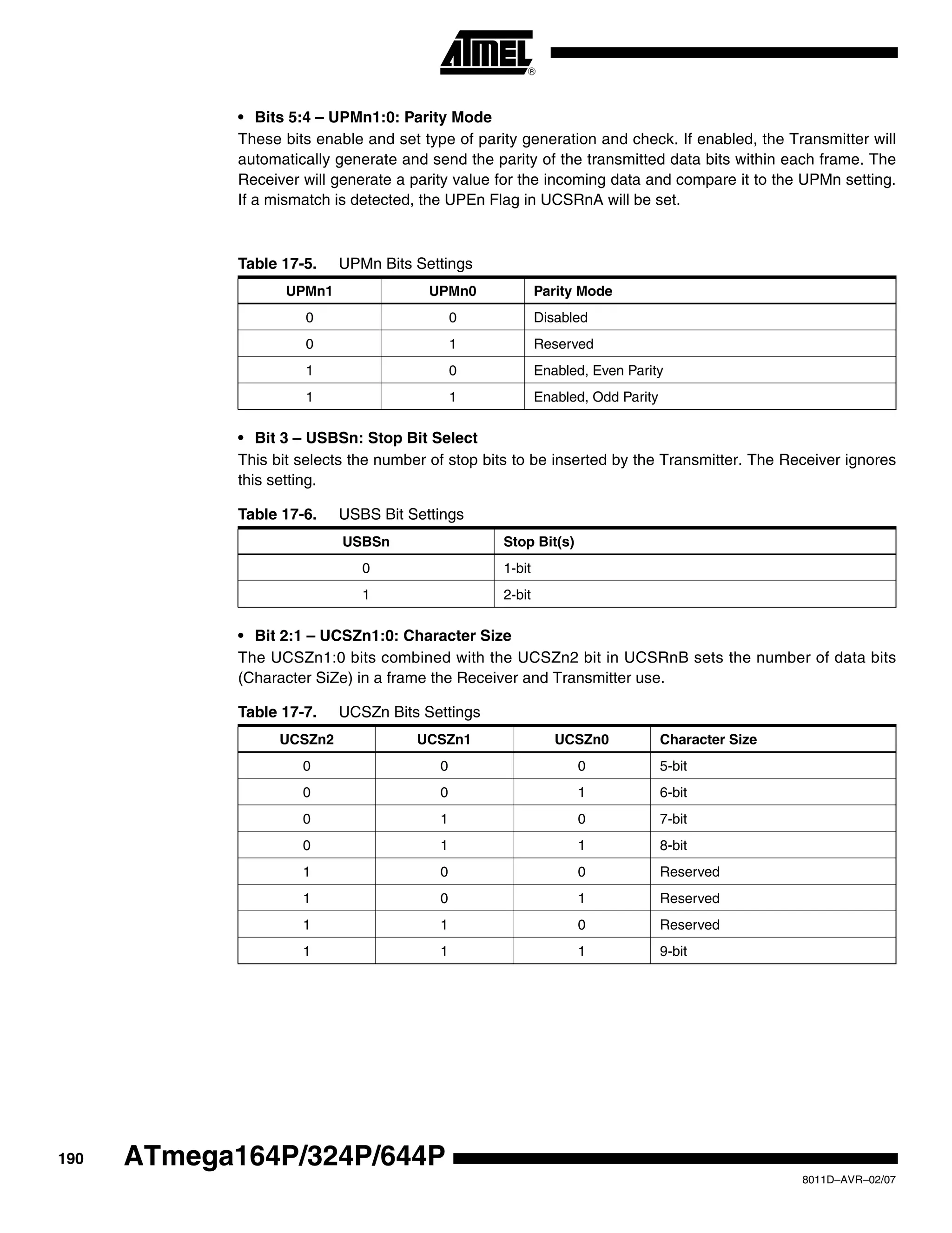 190
8011D–AVR–02/07
ATmega164P/324P/644P
• Bits 5:4 – UPMn1:0: Parity Mode
These bits enable and set type of parity generation and check. If enabled, the Transmitter will
automatically generate and send the parity of the transmitted data bits within each frame. The
Receiver will generate a parity value for the incoming data and compare it to the UPMn setting.
If a mismatch is detected, the UPEn Flag in UCSRnA will be set.
• Bit 3 – USBSn: Stop Bit Select
This bit selects the number of stop bits to be inserted by the Transmitter. The Receiver ignores
this setting.
• Bit 2:1 – UCSZn1:0: Character Size
The UCSZn1:0 bits combined with the UCSZn2 bit in UCSRnB sets the number of data bits
(Character SiZe) in a frame the Receiver and Transmitter use.
Table 17-5. UPMn Bits Settings
UPMn1 UPMn0 Parity Mode
0 0 Disabled
0 1 Reserved
1 0 Enabled, Even Parity
1 1 Enabled, Odd Parity
Table 17-6. USBS Bit Settings
USBSn Stop Bit(s)
0 1-bit
1 2-bit
Table 17-7. UCSZn Bits Settings
UCSZn2 UCSZn1 UCSZn0 Character Size
0 0 0 5-bit
0 0 1 6-bit
0 1 0 7-bit
0 1 1 8-bit
1 0 0 Reserved
1 0 1 Reserved
1 1 0 Reserved
1 1 1 9-bit
 
