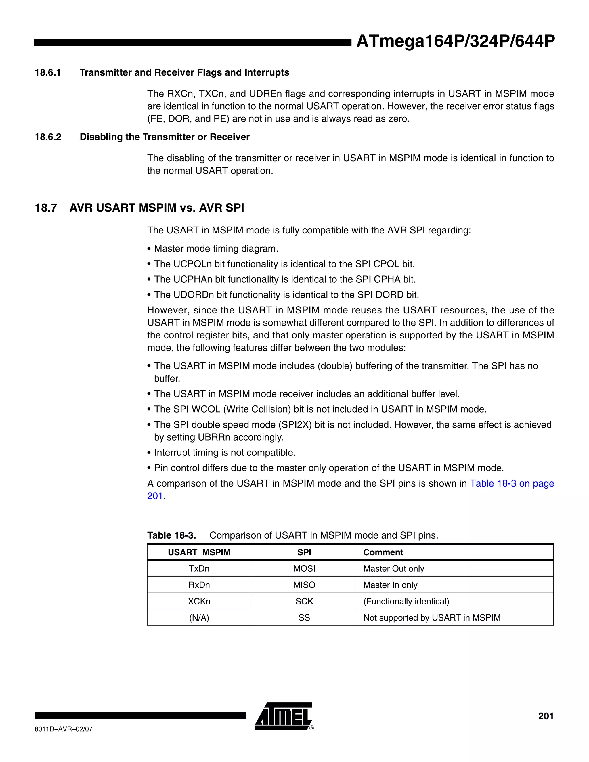 201
8011D–AVR–02/07
ATmega164P/324P/644P
18.6.1 Transmitter and Receiver Flags and Interrupts
The RXCn, TXCn, and UDREn flags and corresponding interrupts in USART in MSPIM mode
are identical in function to the normal USART operation. However, the receiver error status flags
(FE, DOR, and PE) are not in use and is always read as zero.
18.6.2 Disabling the Transmitter or Receiver
The disabling of the transmitter or receiver in USART in MSPIM mode is identical in function to
the normal USART operation.
18.7 AVR USART MSPIM vs. AVR SPI
The USART in MSPIM mode is fully compatible with the AVR SPI regarding:
• Master mode timing diagram.
• The UCPOLn bit functionality is identical to the SPI CPOL bit.
• The UCPHAn bit functionality is identical to the SPI CPHA bit.
• The UDORDn bit functionality is identical to the SPI DORD bit.
However, since the USART in MSPIM mode reuses the USART resources, the use of the
USART in MSPIM mode is somewhat different compared to the SPI. In addition to differences of
the control register bits, and that only master operation is supported by the USART in MSPIM
mode, the following features differ between the two modules:
• The USART in MSPIM mode includes (double) buffering of the transmitter. The SPI has no
buffer.
• The USART in MSPIM mode receiver includes an additional buffer level.
• The SPI WCOL (Write Collision) bit is not included in USART in MSPIM mode.
• The SPI double speed mode (SPI2X) bit is not included. However, the same effect is achieved
by setting UBRRn accordingly.
• Interrupt timing is not compatible.
• Pin control differs due to the master only operation of the USART in MSPIM mode.
A comparison of the USART in MSPIM mode and the SPI pins is shown in Table 18-3 on page
201.
Table 18-3. Comparison of USART in MSPIM mode and SPI pins.
USART_MSPIM SPI Comment
TxDn MOSI Master Out only
RxDn MISO Master In only
XCKn SCK (Functionally identical)
(N/A) SS Not supported by USART in MSPIM
 