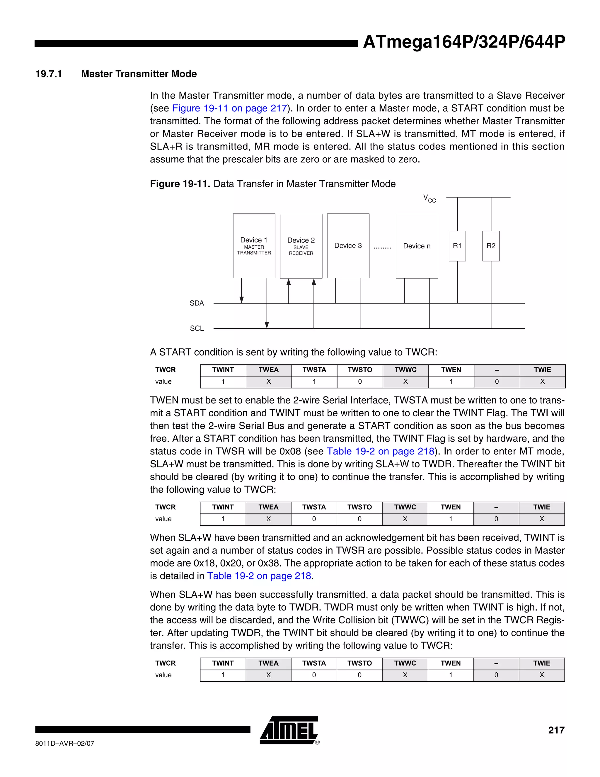 217
8011D–AVR–02/07
ATmega164P/324P/644P
19.7.1 Master Transmitter Mode
In the Master Transmitter mode, a number of data bytes are transmitted to a Slave Receiver
(see Figure 19-11 on page 217). In order to enter a Master mode, a START condition must be
transmitted. The format of the following address packet determines whether Master Transmitter
or Master Receiver mode is to be entered. If SLA+W is transmitted, MT mode is entered, if
SLA+R is transmitted, MR mode is entered. All the status codes mentioned in this section
assume that the prescaler bits are zero or are masked to zero.
Figure 19-11. Data Transfer in Master Transmitter Mode
A START condition is sent by writing the following value to TWCR:
TWEN must be set to enable the 2-wire Serial Interface, TWSTA must be written to one to trans-
mit a START condition and TWINT must be written to one to clear the TWINT Flag. The TWI will
then test the 2-wire Serial Bus and generate a START condition as soon as the bus becomes
free. After a START condition has been transmitted, the TWINT Flag is set by hardware, and the
status code in TWSR will be 0x08 (see Table 19-2 on page 218). In order to enter MT mode,
SLA+W must be transmitted. This is done by writing SLA+W to TWDR. Thereafter the TWINT bit
should be cleared (by writing it to one) to continue the transfer. This is accomplished by writing
the following value to TWCR:
When SLA+W have been transmitted and an acknowledgement bit has been received, TWINT is
set again and a number of status codes in TWSR are possible. Possible status codes in Master
mode are 0x18, 0x20, or 0x38. The appropriate action to be taken for each of these status codes
is detailed in Table 19-2 on page 218.
When SLA+W has been successfully transmitted, a data packet should be transmitted. This is
done by writing the data byte to TWDR. TWDR must only be written when TWINT is high. If not,
the access will be discarded, and the Write Collision bit (TWWC) will be set in the TWCR Regis-
ter. After updating TWDR, the TWINT bit should be cleared (by writing it to one) to continue the
transfer. This is accomplished by writing the following value to TWCR:
TWCR TWINT TWEA TWSTA TWSTO TWWC TWEN – TWIE
value 1 X 1 0 X 1 0 X
TWCR TWINT TWEA TWSTA TWSTO TWWC TWEN – TWIE
value 1 X 0 0 X 1 0 X
TWCR TWINT TWEA TWSTA TWSTO TWWC TWEN – TWIE
value 1 X 0 0 X 1 0 X
Device 1
MASTER
TRANSMITTER
Device 2
SLAVE
RECEIVER
Device 3 Device n
SDA
SCL
........ R1 R2
VCC
 