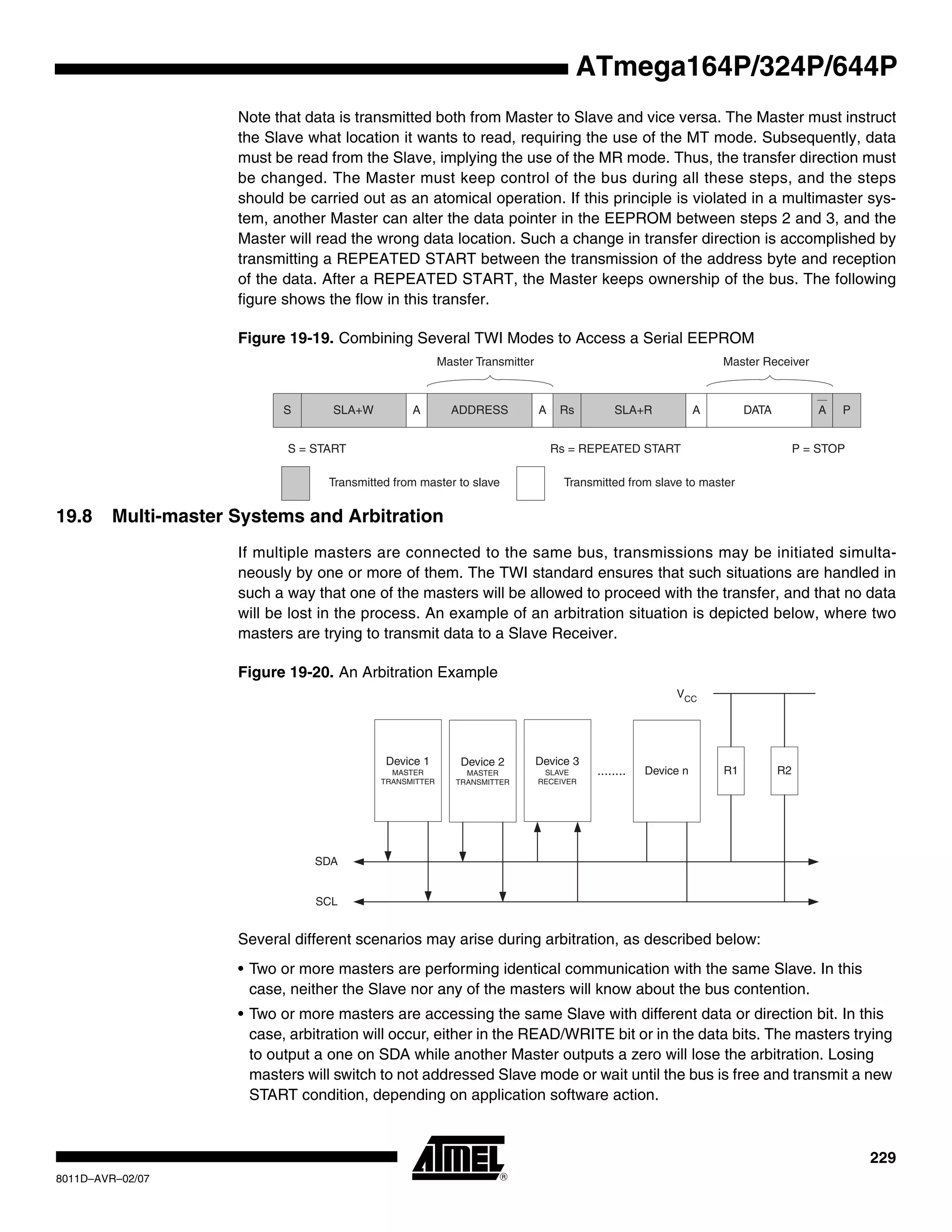 229
8011D–AVR–02/07
ATmega164P/324P/644P
Note that data is transmitted both from Master to Slave and vice versa. The Master must instruct
the Slave what location it wants to read, requiring the use of the MT mode. Subsequently, data
must be read from the Slave, implying the use of the MR mode. Thus, the transfer direction must
be changed. The Master must keep control of the bus during all these steps, and the steps
should be carried out as an atomical operation. If this principle is violated in a multimaster sys-
tem, another Master can alter the data pointer in the EEPROM between steps 2 and 3, and the
Master will read the wrong data location. Such a change in transfer direction is accomplished by
transmitting a REPEATED START between the transmission of the address byte and reception
of the data. After a REPEATED START, the Master keeps ownership of the bus. The following
figure shows the flow in this transfer.
Figure 19-19. Combining Several TWI Modes to Access a Serial EEPROM
19.8 Multi-master Systems and Arbitration
If multiple masters are connected to the same bus, transmissions may be initiated simulta-
neously by one or more of them. The TWI standard ensures that such situations are handled in
such a way that one of the masters will be allowed to proceed with the transfer, and that no data
will be lost in the process. An example of an arbitration situation is depicted below, where two
masters are trying to transmit data to a Slave Receiver.
Figure 19-20. An Arbitration Example
Several different scenarios may arise during arbitration, as described below:
• Two or more masters are performing identical communication with the same Slave. In this
case, neither the Slave nor any of the masters will know about the bus contention.
• Two or more masters are accessing the same Slave with different data or direction bit. In this
case, arbitration will occur, either in the READ/WRITE bit or in the data bits. The masters trying
to output a one on SDA while another Master outputs a zero will lose the arbitration. Losing
masters will switch to not addressed Slave mode or wait until the bus is free and transmit a new
START condition, depending on application software action.
Master Transmitter Master Receiver
S = START Rs = REPEATED START P = STOP
Transmitted from master to slave Transmitted from slave to master
S SLA+W A ADDRESS A Rs SLA+R A DATA A P
Device 1
MASTER
TRANSMITTER
Device 2
MASTER
TRANSMITTER
Device 3
SLAVE
RECEIVER
Device n
SDA
SCL
........ R1 R2
VCC
 