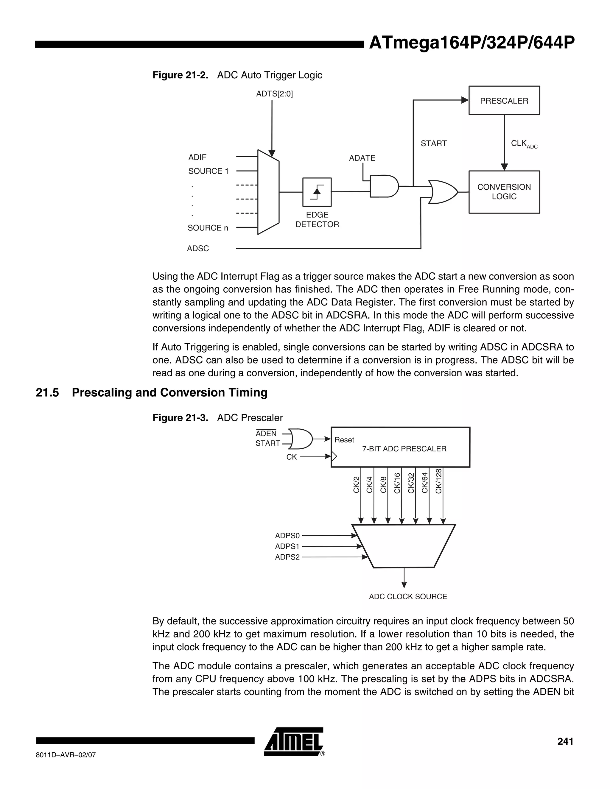 241
8011D–AVR–02/07
ATmega164P/324P/644P
Figure 21-2. ADC Auto Trigger Logic
Using the ADC Interrupt Flag as a trigger source makes the ADC start a new conversion as soon
as the ongoing conversion has finished. The ADC then operates in Free Running mode, con-
stantly sampling and updating the ADC Data Register. The first conversion must be started by
writing a logical one to the ADSC bit in ADCSRA. In this mode the ADC will perform successive
conversions independently of whether the ADC Interrupt Flag, ADIF is cleared or not.
If Auto Triggering is enabled, single conversions can be started by writing ADSC in ADCSRA to
one. ADSC can also be used to determine if a conversion is in progress. The ADSC bit will be
read as one during a conversion, independently of how the conversion was started.
21.5 Prescaling and Conversion Timing
Figure 21-3. ADC Prescaler
By default, the successive approximation circuitry requires an input clock frequency between 50
kHz and 200 kHz to get maximum resolution. If a lower resolution than 10 bits is needed, the
input clock frequency to the ADC can be higher than 200 kHz to get a higher sample rate.
The ADC module contains a prescaler, which generates an acceptable ADC clock frequency
from any CPU frequency above 100 kHz. The prescaling is set by the ADPS bits in ADCSRA.
The prescaler starts counting from the moment the ADC is switched on by setting the ADEN bit
ADSC
ADIF
SOURCE 1
SOURCE n
ADTS[2:0]
CONVERSION
LOGIC
PRESCALER
START CLKADC
.
.
.
. EDGE
DETECTOR
ADATE
7-BIT ADC PRESCALER
ADC CLOCK SOURCE
CK
ADPS0
ADPS1
ADPS2
CK/128
CK/2
CK/4
CK/8
CK/16
CK/32
CK/64
Reset
ADEN
START
 