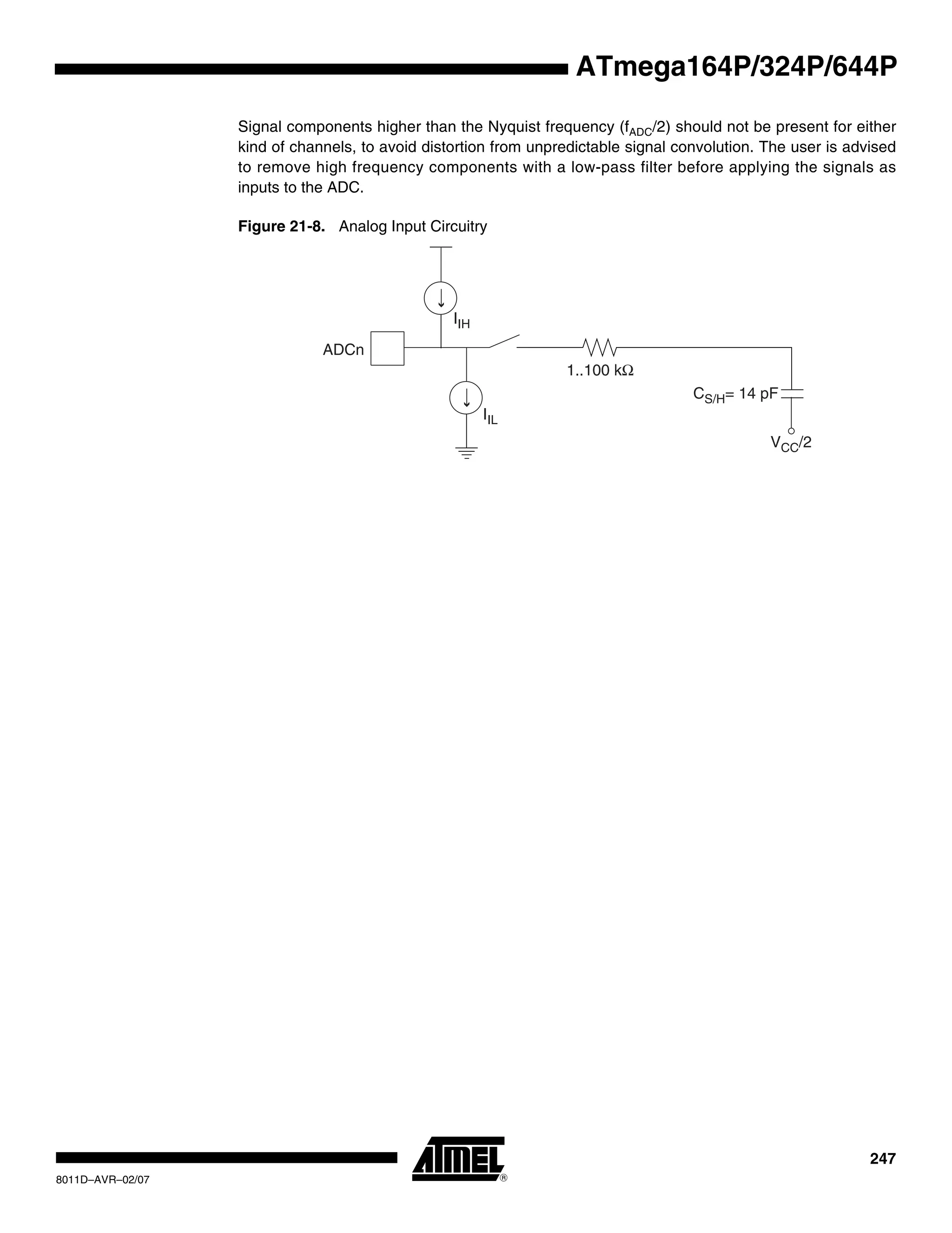 247
8011D–AVR–02/07
ATmega164P/324P/644P
Signal components higher than the Nyquist frequency (fADC/2) should not be present for either
kind of channels, to avoid distortion from unpredictable signal convolution. The user is advised
to remove high frequency components with a low-pass filter before applying the signals as
inputs to the ADC.
Figure 21-8. Analog Input Circuitry
ADCn
IIH
1..100 kΩ
CS/H= 14 pF
VCC/2
IIL
 