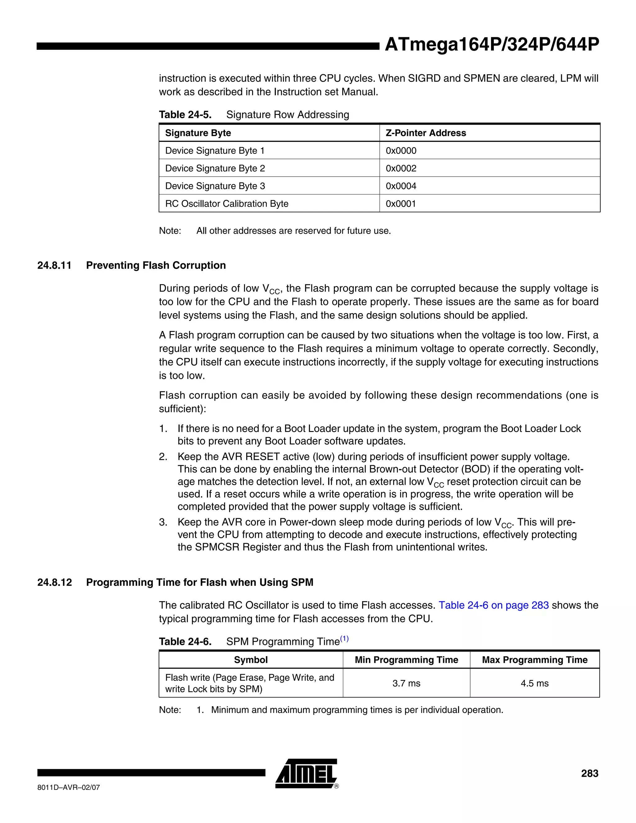 283
8011D–AVR–02/07
ATmega164P/324P/644P
instruction is executed within three CPU cycles. When SIGRD and SPMEN are cleared, LPM will
work as described in the Instruction set Manual.
Note: All other addresses are reserved for future use.
24.8.11 Preventing Flash Corruption
During periods of low VCC, the Flash program can be corrupted because the supply voltage is
too low for the CPU and the Flash to operate properly. These issues are the same as for board
level systems using the Flash, and the same design solutions should be applied.
A Flash program corruption can be caused by two situations when the voltage is too low. First, a
regular write sequence to the Flash requires a minimum voltage to operate correctly. Secondly,
the CPU itself can execute instructions incorrectly, if the supply voltage for executing instructions
is too low.
Flash corruption can easily be avoided by following these design recommendations (one is
sufficient):
1. If there is no need for a Boot Loader update in the system, program the Boot Loader Lock
bits to prevent any Boot Loader software updates.
2. Keep the AVR RESET active (low) during periods of insufficient power supply voltage.
This can be done by enabling the internal Brown-out Detector (BOD) if the operating volt-
age matches the detection level. If not, an external low VCC reset protection circuit can be
used. If a reset occurs while a write operation is in progress, the write operation will be
completed provided that the power supply voltage is sufficient.
3. Keep the AVR core in Power-down sleep mode during periods of low VCC. This will pre-
vent the CPU from attempting to decode and execute instructions, effectively protecting
the SPMCSR Register and thus the Flash from unintentional writes.
24.8.12 Programming Time for Flash when Using SPM
The calibrated RC Oscillator is used to time Flash accesses. Table 24-6 on page 283 shows the
typical programming time for Flash accesses from the CPU.
Note: 1. Minimum and maximum programming times is per individual operation.
Table 24-5. Signature Row Addressing
Signature Byte Z-Pointer Address
Device Signature Byte 1 0x0000
Device Signature Byte 2 0x0002
Device Signature Byte 3 0x0004
RC Oscillator Calibration Byte 0x0001
Table 24-6. SPM Programming Time(1)
Symbol Min Programming Time Max Programming Time
Flash write (Page Erase, Page Write, and
write Lock bits by SPM)
3.7 ms 4.5 ms
 