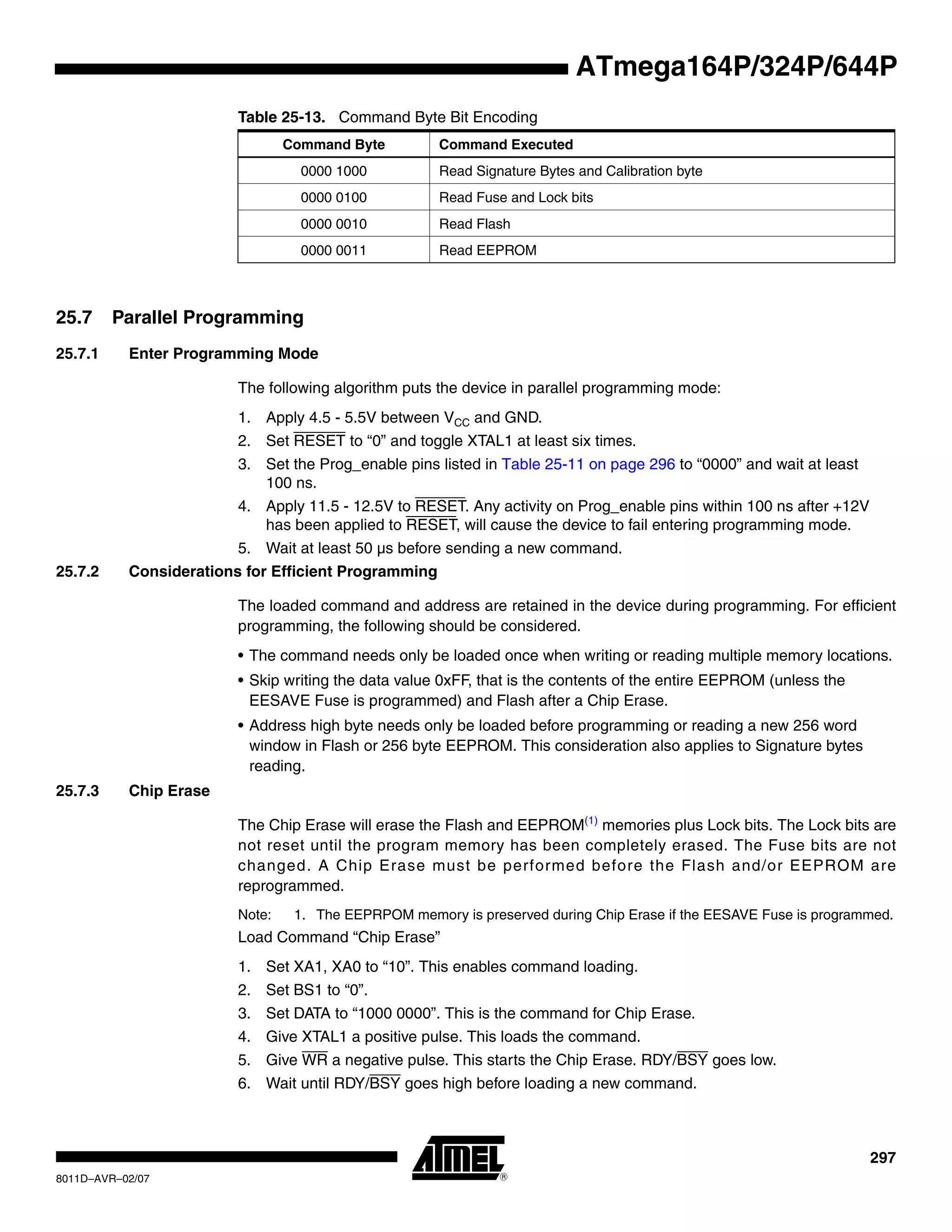 297
8011D–AVR–02/07
ATmega164P/324P/644P
25.7 Parallel Programming
25.7.1 Enter Programming Mode
The following algorithm puts the device in parallel programming mode:
1. Apply 4.5 - 5.5V between VCC and GND.
2. Set RESET to “0” and toggle XTAL1 at least six times.
3. Set the Prog_enable pins listed in Table 25-11 on page 296 to “0000” and wait at least
100 ns.
4. Apply 11.5 - 12.5V to RESET. Any activity on Prog_enable pins within 100 ns after +12V
has been applied to RESET, will cause the device to fail entering programming mode.
5. Wait at least 50 µs before sending a new command.
25.7.2 Considerations for Efficient Programming
The loaded command and address are retained in the device during programming. For efficient
programming, the following should be considered.
• The command needs only be loaded once when writing or reading multiple memory locations.
• Skip writing the data value 0xFF, that is the contents of the entire EEPROM (unless the
EESAVE Fuse is programmed) and Flash after a Chip Erase.
• Address high byte needs only be loaded before programming or reading a new 256 word
window in Flash or 256 byte EEPROM. This consideration also applies to Signature bytes
reading.
25.7.3 Chip Erase
The Chip Erase will erase the Flash and EEPROM(1)
memories plus Lock bits. The Lock bits are
not reset until the program memory has been completely erased. The Fuse bits are not
changed. A Chip Erase must be performed before the Flash and/or EEPROM are
reprogrammed.
Note: 1. The EEPRPOM memory is preserved during Chip Erase if the EESAVE Fuse is programmed.
Load Command “Chip Erase”
1. Set XA1, XA0 to “10”. This enables command loading.
2. Set BS1 to “0”.
3. Set DATA to “1000 0000”. This is the command for Chip Erase.
4. Give XTAL1 a positive pulse. This loads the command.
5. Give WR a negative pulse. This starts the Chip Erase. RDY/BSY goes low.
6. Wait until RDY/BSY goes high before loading a new command.
0000 1000 Read Signature Bytes and Calibration byte
0000 0100 Read Fuse and Lock bits
0000 0010 Read Flash
0000 0011 Read EEPROM
Table 25-13. Command Byte Bit Encoding
Command Byte Command Executed
 