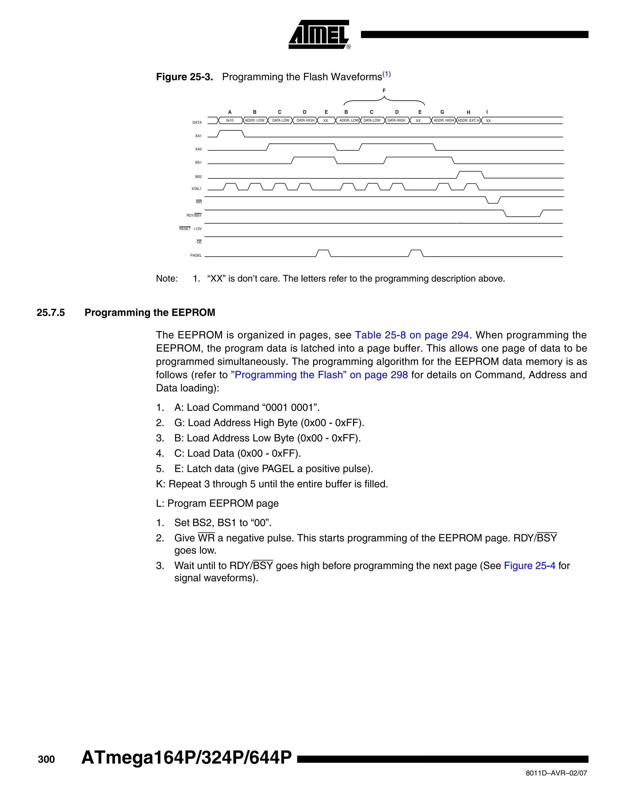300
8011D–AVR–02/07
ATmega164P/324P/644P
Figure 25-3. Programming the Flash Waveforms(1)
Note: 1. “XX” is don’t care. The letters refer to the programming description above.
25.7.5 Programming the EEPROM
The EEPROM is organized in pages, see Table 25-8 on page 294. When programming the
EEPROM, the program data is latched into a page buffer. This allows one page of data to be
programmed simultaneously. The programming algorithm for the EEPROM data memory is as
follows (refer to ”Programming the Flash” on page 298 for details on Command, Address and
Data loading):
1. A: Load Command “0001 0001”.
2. G: Load Address High Byte (0x00 - 0xFF).
3. B: Load Address Low Byte (0x00 - 0xFF).
4. C: Load Data (0x00 - 0xFF).
5. E: Latch data (give PAGEL a positive pulse).
K: Repeat 3 through 5 until the entire buffer is filled.
L: Program EEPROM page
1. Set BS2, BS1 to “00”.
2. Give WR a negative pulse. This starts programming of the EEPROM page. RDY/BSY
goes low.
3. Wait until to RDY/BSY goes high before programming the next page (See Figure 25-4 for
signal waveforms).
RDY/BSY
WR
OE
RESET +12V
PAGEL
BS2
0x10 ADDR. LOW ADDR. HIGH
DATA
DATA LOW DATA HIGH ADDR. LOW DATA LOW DATA HIGH
XA1
XA0
BS1
XTAL1
XX XX XX
A B C D E B C D E G
F
ADDR. EXT.H
H I
 
