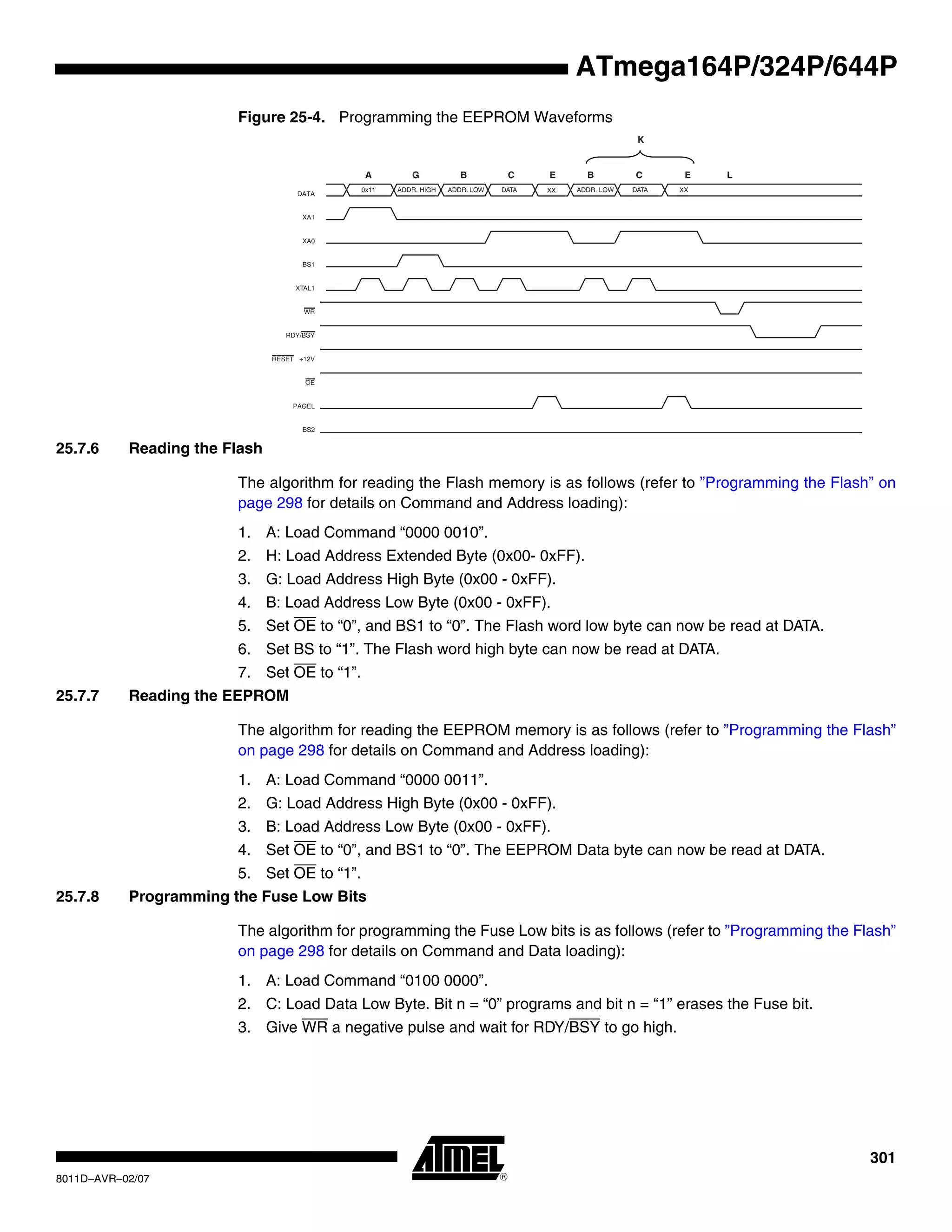 301
8011D–AVR–02/07
ATmega164P/324P/644P
Figure 25-4. Programming the EEPROM Waveforms
25.7.6 Reading the Flash
The algorithm for reading the Flash memory is as follows (refer to ”Programming the Flash” on
page 298 for details on Command and Address loading):
1. A: Load Command “0000 0010”.
2. H: Load Address Extended Byte (0x00- 0xFF).
3. G: Load Address High Byte (0x00 - 0xFF).
4. B: Load Address Low Byte (0x00 - 0xFF).
5. Set OE to “0”, and BS1 to “0”. The Flash word low byte can now be read at DATA.
6. Set BS to “1”. The Flash word high byte can now be read at DATA.
7. Set OE to “1”.
25.7.7 Reading the EEPROM
The algorithm for reading the EEPROM memory is as follows (refer to ”Programming the Flash”
on page 298 for details on Command and Address loading):
1. A: Load Command “0000 0011”.
2. G: Load Address High Byte (0x00 - 0xFF).
3. B: Load Address Low Byte (0x00 - 0xFF).
4. Set OE to “0”, and BS1 to “0”. The EEPROM Data byte can now be read at DATA.
5. Set OE to “1”.
25.7.8 Programming the Fuse Low Bits
The algorithm for programming the Fuse Low bits is as follows (refer to ”Programming the Flash”
on page 298 for details on Command and Data loading):
1. A: Load Command “0100 0000”.
2. C: Load Data Low Byte. Bit n = “0” programs and bit n = “1” erases the Fuse bit.
3. Give WR a negative pulse and wait for RDY/BSY to go high.
RDY/BSY
WR
OE
RESET +12V
PAGEL
BS2
0x11 ADDR. HIGH
DATA
ADDR. LOW DATA ADDR. LOW DATA XX
XA1
XA0
BS1
XTAL1
XX
A G B C E B C E L
K
 