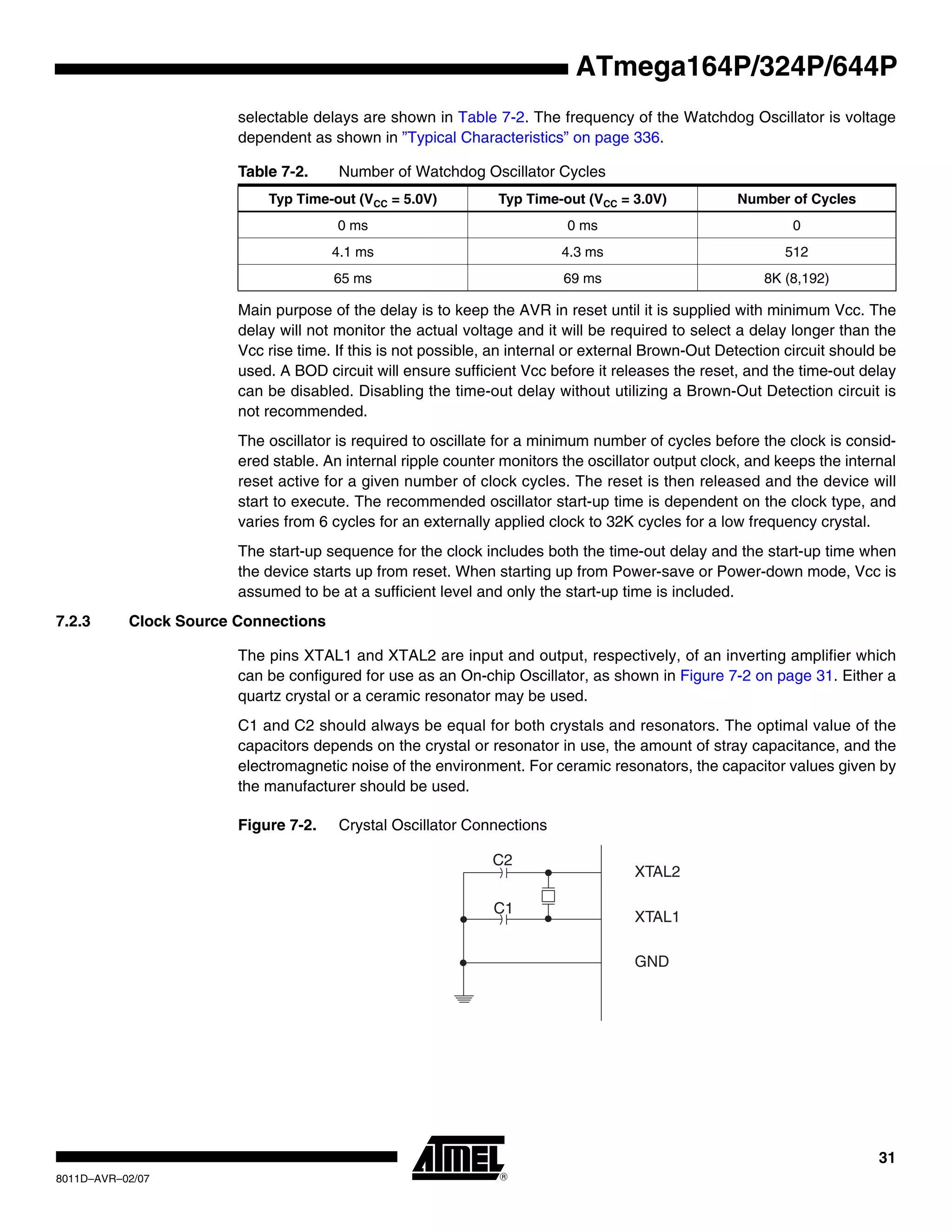 31
8011D–AVR–02/07
ATmega164P/324P/644P
selectable delays are shown in Table 7-2. The frequency of the Watchdog Oscillator is voltage
dependent as shown in ”Typical Characteristics” on page 336.
Main purpose of the delay is to keep the AVR in reset until it is supplied with minimum Vcc. The
delay will not monitor the actual voltage and it will be required to select a delay longer than the
Vcc rise time. If this is not possible, an internal or external Brown-Out Detection circuit should be
used. A BOD circuit will ensure sufficient Vcc before it releases the reset, and the time-out delay
can be disabled. Disabling the time-out delay without utilizing a Brown-Out Detection circuit is
not recommended.
The oscillator is required to oscillate for a minimum number of cycles before the clock is consid-
ered stable. An internal ripple counter monitors the oscillator output clock, and keeps the internal
reset active for a given number of clock cycles. The reset is then released and the device will
start to execute. The recommended oscillator start-up time is dependent on the clock type, and
varies from 6 cycles for an externally applied clock to 32K cycles for a low frequency crystal.
The start-up sequence for the clock includes both the time-out delay and the start-up time when
the device starts up from reset. When starting up from Power-save or Power-down mode, Vcc is
assumed to be at a sufficient level and only the start-up time is included.
7.2.3 Clock Source Connections
The pins XTAL1 and XTAL2 are input and output, respectively, of an inverting amplifier which
can be configured for use as an On-chip Oscillator, as shown in Figure 7-2 on page 31. Either a
quartz crystal or a ceramic resonator may be used.
C1 and C2 should always be equal for both crystals and resonators. The optimal value of the
capacitors depends on the crystal or resonator in use, the amount of stray capacitance, and the
electromagnetic noise of the environment. For ceramic resonators, the capacitor values given by
the manufacturer should be used.
Figure 7-2. Crystal Oscillator Connections
Table 7-2. Number of Watchdog Oscillator Cycles
Typ Time-out (VCC = 5.0V) Typ Time-out (VCC = 3.0V) Number of Cycles
0 ms 0 ms 0
4.1 ms 4.3 ms 512
65 ms 69 ms 8K (8,192)
XTAL2
XTAL1
GND
C2
C1
 