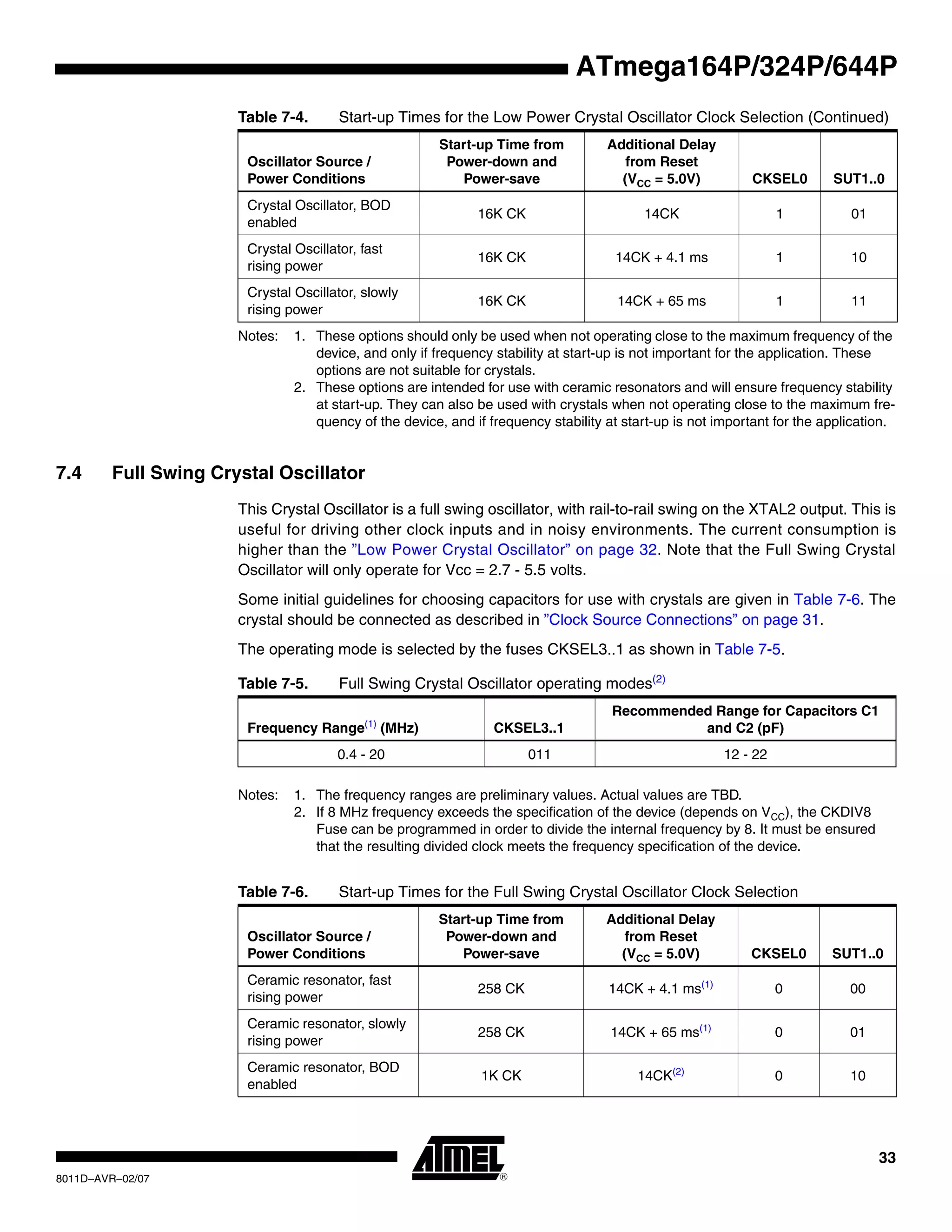 33
8011D–AVR–02/07
ATmega164P/324P/644P
Notes: 1. These options should only be used when not operating close to the maximum frequency of the
device, and only if frequency stability at start-up is not important for the application. These
options are not suitable for crystals.
2. These options are intended for use with ceramic resonators and will ensure frequency stability
at start-up. They can also be used with crystals when not operating close to the maximum fre-
quency of the device, and if frequency stability at start-up is not important for the application.
7.4 Full Swing Crystal Oscillator
This Crystal Oscillator is a full swing oscillator, with rail-to-rail swing on the XTAL2 output. This is
useful for driving other clock inputs and in noisy environments. The current consumption is
higher than the ”Low Power Crystal Oscillator” on page 32. Note that the Full Swing Crystal
Oscillator will only operate for Vcc = 2.7 - 5.5 volts.
Some initial guidelines for choosing capacitors for use with crystals are given in Table 7-6. The
crystal should be connected as described in ”Clock Source Connections” on page 31.
The operating mode is selected by the fuses CKSEL3..1 as shown in Table 7-5.
Notes: 1. The frequency ranges are preliminary values. Actual values are TBD.
2. If 8 MHz frequency exceeds the specification of the device (depends on VCC), the CKDIV8
Fuse can be programmed in order to divide the internal frequency by 8. It must be ensured
that the resulting divided clock meets the frequency specification of the device.
Crystal Oscillator, BOD
enabled
16K CK 14CK 1 01
Crystal Oscillator, fast
rising power
16K CK 14CK + 4.1 ms 1 10
Crystal Oscillator, slowly
rising power
16K CK 14CK + 65 ms 1 11
Table 7-4. Start-up Times for the Low Power Crystal Oscillator Clock Selection (Continued)
Oscillator Source /
Power Conditions
Start-up Time from
Power-down and
Power-save
Additional Delay
from Reset
(VCC = 5.0V) CKSEL0 SUT1..0
Table 7-5. Full Swing Crystal Oscillator operating modes(2)
Frequency Range(1)
(MHz) CKSEL3..1
Recommended Range for Capacitors C1
and C2 (pF)
0.4 - 20 011 12 - 22
Table 7-6. Start-up Times for the Full Swing Crystal Oscillator Clock Selection
Oscillator Source /
Power Conditions
Start-up Time from
Power-down and
Power-save
Additional Delay
from Reset
(VCC = 5.0V) CKSEL0 SUT1..0
Ceramic resonator, fast
rising power
258 CK 14CK + 4.1 ms(1)
0 00
Ceramic resonator, slowly
rising power
258 CK 14CK + 65 ms(1)
0 01
Ceramic resonator, BOD
enabled
1K CK 14CK(2)
0 10
 