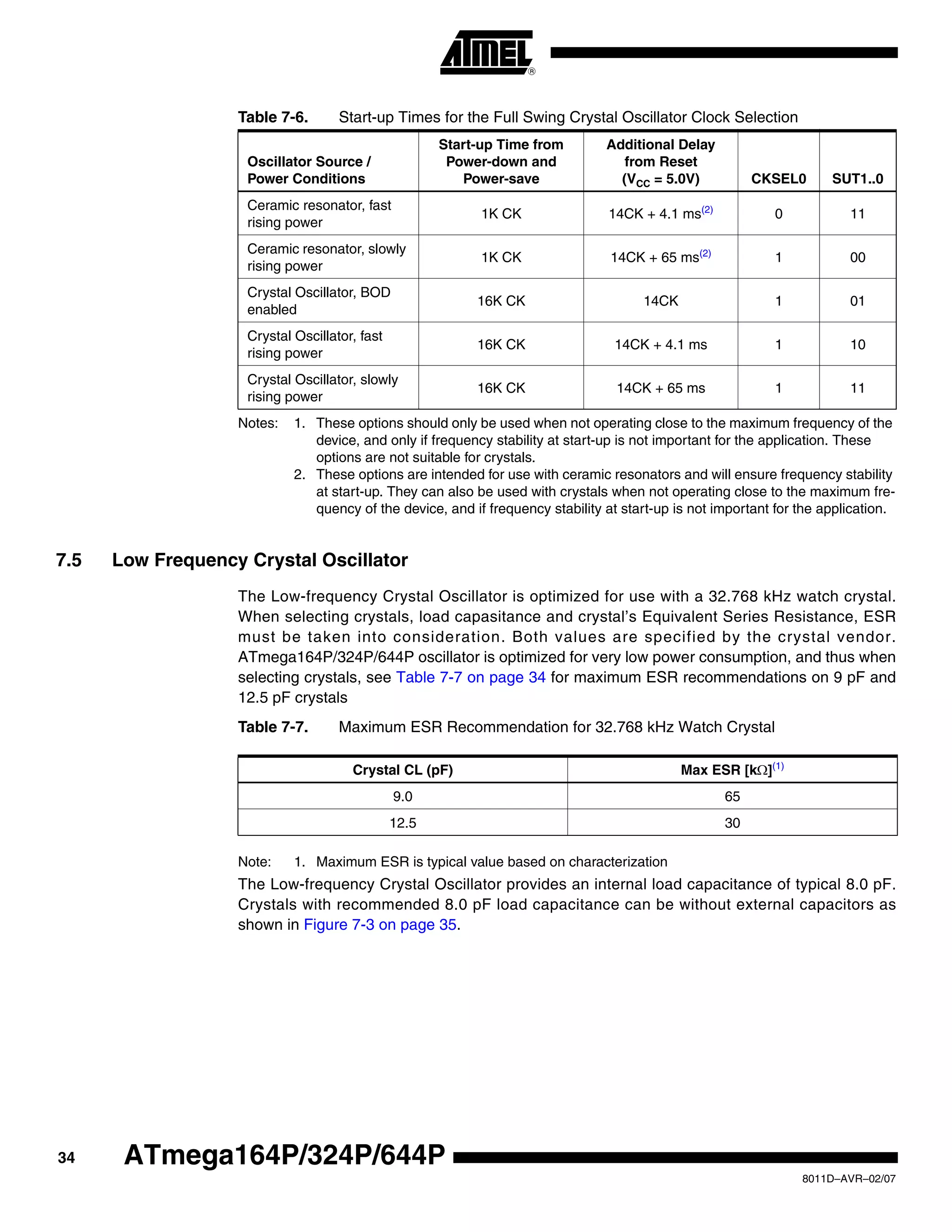 34
8011D–AVR–02/07
ATmega164P/324P/644P
Notes: 1. These options should only be used when not operating close to the maximum frequency of the
device, and only if frequency stability at start-up is not important for the application. These
options are not suitable for crystals.
2. These options are intended for use with ceramic resonators and will ensure frequency stability
at start-up. They can also be used with crystals when not operating close to the maximum fre-
quency of the device, and if frequency stability at start-up is not important for the application.
7.5 Low Frequency Crystal Oscillator
The Low-frequency Crystal Oscillator is optimized for use with a 32.768 kHz watch crystal.
When selecting crystals, load capasitance and crystal’s Equivalent Series Resistance, ESR
must be taken into consideration. Both values are specified by the crystal vendor.
ATmega164P/324P/644P oscillator is optimized for very low power consumption, and thus when
selecting crystals, see Table 7-7 on page 34 for maximum ESR recommendations on 9 pF and
12.5 pF crystals
Table 7-7. Maximum ESR Recommendation for 32.768 kHz Watch Crystal
Note: 1. Maximum ESR is typical value based on characterization
The Low-frequency Crystal Oscillator provides an internal load capacitance of typical 8.0 pF.
Crystals with recommended 8.0 pF load capacitance can be without external capacitors as
shown in Figure 7-3 on page 35.
Ceramic resonator, fast
rising power
1K CK 14CK + 4.1 ms(2)
0 11
Ceramic resonator, slowly
rising power
1K CK 14CK + 65 ms(2)
1 00
Crystal Oscillator, BOD
enabled
16K CK 14CK 1 01
Crystal Oscillator, fast
rising power
16K CK 14CK + 4.1 ms 1 10
Crystal Oscillator, slowly
rising power
16K CK 14CK + 65 ms 1 11
Table 7-6. Start-up Times for the Full Swing Crystal Oscillator Clock Selection
Oscillator Source /
Power Conditions
Start-up Time from
Power-down and
Power-save
Additional Delay
from Reset
(VCC = 5.0V) CKSEL0 SUT1..0
Crystal CL (pF) Max ESR [kΩ](1)
9.0 65
12.5 30
 