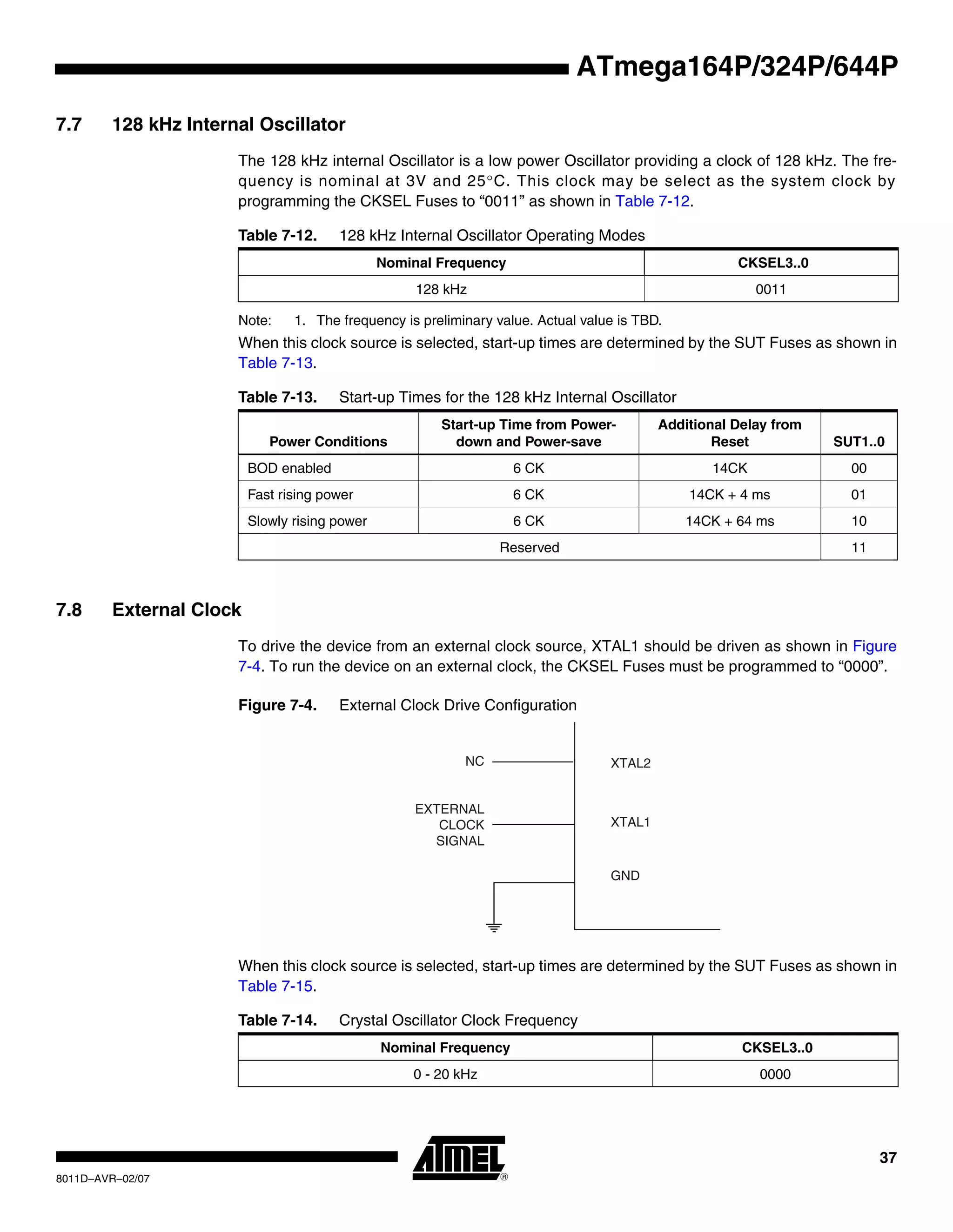 37
8011D–AVR–02/07
ATmega164P/324P/644P
7.7 128 kHz Internal Oscillator
The 128 kHz internal Oscillator is a low power Oscillator providing a clock of 128 kHz. The fre-
quency is nominal at 3V and 25°C. This clock may be select as the system clock by
programming the CKSEL Fuses to “0011” as shown in Table 7-12.
Note: 1. The frequency is preliminary value. Actual value is TBD.
When this clock source is selected, start-up times are determined by the SUT Fuses as shown in
Table 7-13.
7.8 External Clock
To drive the device from an external clock source, XTAL1 should be driven as shown in Figure
7-4. To run the device on an external clock, the CKSEL Fuses must be programmed to “0000”.
Figure 7-4. External Clock Drive Configuration
When this clock source is selected, start-up times are determined by the SUT Fuses as shown in
Table 7-15.
Table 7-12. 128 kHz Internal Oscillator Operating Modes
Nominal Frequency CKSEL3..0
128 kHz 0011
Table 7-13. Start-up Times for the 128 kHz Internal Oscillator
Power Conditions
Start-up Time from Power-
down and Power-save
Additional Delay from
Reset SUT1..0
BOD enabled 6 CK 14CK 00
Fast rising power 6 CK 14CK + 4 ms 01
Slowly rising power 6 CK 14CK + 64 ms 10
Reserved 11
Table 7-14. Crystal Oscillator Clock Frequency
Nominal Frequency CKSEL3..0
0 - 20 kHz 0000
NC
EXTERNAL
CLOCK
SIGNAL
XTAL2
XTAL1
GND
 