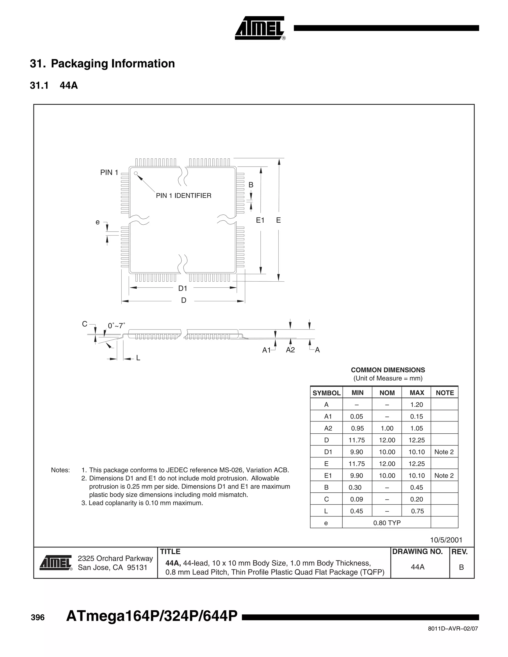 396
8011D–AVR–02/07
ATmega164P/324P/644P
31. Packaging Information
31.1 44A
2325 Orchard Parkway
San Jose, CA 95131
TITLE DRAWING NO.
R
REV.
44A, 44-lead, 10 x 10 mm Body Size, 1.0 mm Body Thickness,
0.8 mm Lead Pitch, Thin Profile Plastic Quad Flat Package (TQFP)
B44A
10/5/2001
PIN 1 IDENTIFIER
0˚~7˚
PIN 1
L
C
A1 A2 A
D1
D
e E1 E
B
COMMON DIMENSIONS
(Unit of Measure = mm)
SYMBOL MIN NOM MAX NOTE
Notes: 1. This package conforms to JEDEC reference MS-026, Variation ACB.
2. Dimensions D1 and E1 do not include mold protrusion. Allowable
protrusion is 0.25 mm per side. Dimensions D1 and E1 are maximum
plastic body size dimensions including mold mismatch.
3. Lead coplanarity is 0.10 mm maximum.
A – – 1.20
A1 0.05 – 0.15
A2 0.95 1.00 1.05
D 11.75 12.00 12.25
D1 9.90 10.00 10.10 Note 2
E 11.75 12.00 12.25
E1 9.90 10.00 10.10 Note 2
B 0.30 – 0.45
C 0.09 – 0.20
L 0.45 – 0.75
e 0.80 TYP
 