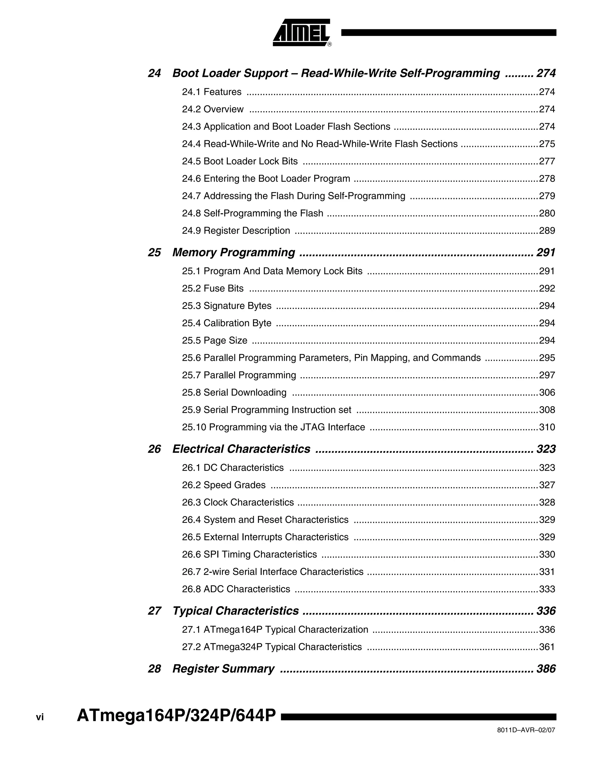 vi
8011D–AVR–02/07
ATmega164P/324P/644P
24 Boot Loader Support – Read-While-Write Self-Programming ......... 274
24.1 Features .............................................................................................................274
24.2 Overview ............................................................................................................274
24.3 Application and Boot Loader Flash Sections ......................................................274
24.4 Read-While-Write and No Read-While-Write Flash Sections .............................275
24.5 Boot Loader Lock Bits ........................................................................................277
24.6 Entering the Boot Loader Program .....................................................................278
24.7 Addressing the Flash During Self-Programming ................................................279
24.8 Self-Programming the Flash ...............................................................................280
24.9 Register Description ...........................................................................................289
25 Memory Programming ......................................................................... 291
25.1 Program And Data Memory Lock Bits ................................................................291
25.2 Fuse Bits ............................................................................................................292
25.3 Signature Bytes ..................................................................................................294
25.4 Calibration Byte ..................................................................................................294
25.5 Page Size ...........................................................................................................294
25.6 Parallel Programming Parameters, Pin Mapping, and Commands ....................295
25.7 Parallel Programming .........................................................................................297
25.8 Serial Downloading ............................................................................................306
25.9 Serial Programming Instruction set ....................................................................308
25.10 Programming via the JTAG Interface ...............................................................310
26 Electrical Characteristics .................................................................... 323
26.1 DC Characteristics .............................................................................................323
26.2 Speed Grades ....................................................................................................327
26.3 Clock Characteristics ..........................................................................................328
26.4 System and Reset Characteristics .....................................................................329
26.5 External Interrupts Characteristics .....................................................................329
26.6 SPI Timing Characteristics .................................................................................330
26.7 2-wire Serial Interface Characteristics ................................................................331
26.8 ADC Characteristics ...........................................................................................333
27 Typical Characteristics ........................................................................ 336
27.1 ATmega164P Typical Characterization ..............................................................336
27.2 ATmega324P Typical Characteristics ................................................................361
28 Register Summary ............................................................................... 386
 