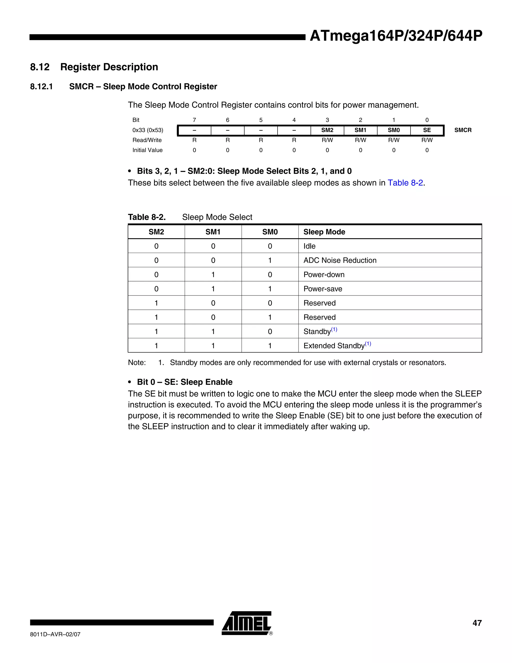 47
8011D–AVR–02/07
ATmega164P/324P/644P
8.12 Register Description
8.12.1 SMCR – Sleep Mode Control Register
The Sleep Mode Control Register contains control bits for power management.
• Bits 3, 2, 1 – SM2:0: Sleep Mode Select Bits 2, 1, and 0
These bits select between the five available sleep modes as shown in Table 8-2.
Note: 1. Standby modes are only recommended for use with external crystals or resonators.
• Bit 0 – SE: Sleep Enable
The SE bit must be written to logic one to make the MCU enter the sleep mode when the SLEEP
instruction is executed. To avoid the MCU entering the sleep mode unless it is the programmer’s
purpose, it is recommended to write the Sleep Enable (SE) bit to one just before the execution of
the SLEEP instruction and to clear it immediately after waking up.
Bit 7 6 5 4 3 2 1 0
0x33 (0x53) – – – – SM2 SM1 SM0 SE SMCR
Read/Write R R R R R/W R/W R/W R/W
Initial Value 0 0 0 0 0 0 0 0
Table 8-2. Sleep Mode Select
SM2 SM1 SM0 Sleep Mode
0 0 0 Idle
0 0 1 ADC Noise Reduction
0 1 0 Power-down
0 1 1 Power-save
1 0 0 Reserved
1 0 1 Reserved
1 1 0 Standby(1)
1 1 1 Extended Standby(1)
 