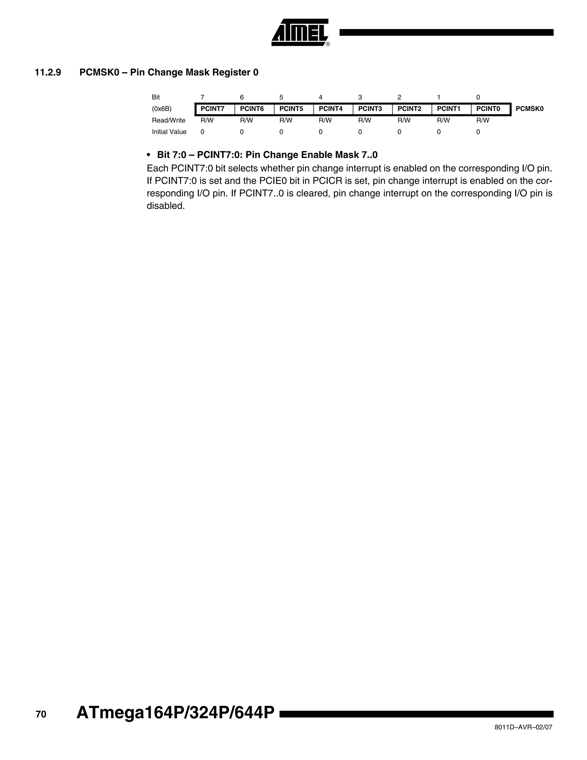 70
8011D–AVR–02/07
ATmega164P/324P/644P
11.2.9 PCMSK0 – Pin Change Mask Register 0
• Bit 7:0 – PCINT7:0: Pin Change Enable Mask 7..0
Each PCINT7:0 bit selects whether pin change interrupt is enabled on the corresponding I/O pin.
If PCINT7:0 is set and the PCIE0 bit in PCICR is set, pin change interrupt is enabled on the cor-
responding I/O pin. If PCINT7..0 is cleared, pin change interrupt on the corresponding I/O pin is
disabled.
Bit 7 6 5 4 3 2 1 0
(0x6B) PCINT7 PCINT6 PCINT5 PCINT4 PCINT3 PCINT2 PCINT1 PCINT0 PCMSK0
Read/Write R/W R/W R/W R/W R/W R/W R/W R/W
Initial Value 0 0 0 0 0 0 0 0
 