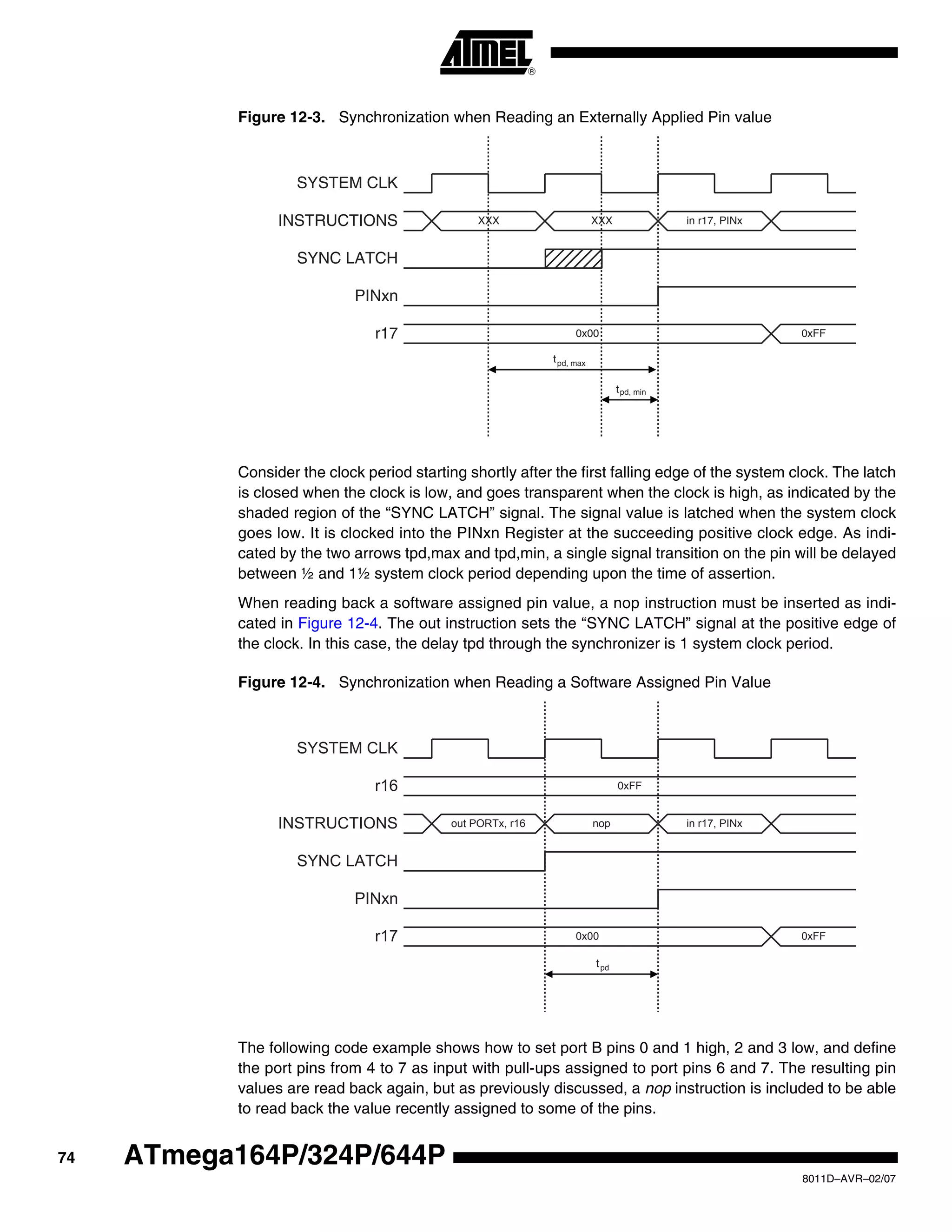74
8011D–AVR–02/07
ATmega164P/324P/644P
Figure 12-3. Synchronization when Reading an Externally Applied Pin value
Consider the clock period starting shortly after the first falling edge of the system clock. The latch
is closed when the clock is low, and goes transparent when the clock is high, as indicated by the
shaded region of the “SYNC LATCH” signal. The signal value is latched when the system clock
goes low. It is clocked into the PINxn Register at the succeeding positive clock edge. As indi-
cated by the two arrows tpd,max and tpd,min, a single signal transition on the pin will be delayed
between ½ and 1½ system clock period depending upon the time of assertion.
When reading back a software assigned pin value, a nop instruction must be inserted as indi-
cated in Figure 12-4. The out instruction sets the “SYNC LATCH” signal at the positive edge of
the clock. In this case, the delay tpd through the synchronizer is 1 system clock period.
Figure 12-4. Synchronization when Reading a Software Assigned Pin Value
The following code example shows how to set port B pins 0 and 1 high, 2 and 3 low, and define
the port pins from 4 to 7 as input with pull-ups assigned to port pins 6 and 7. The resulting pin
values are read back again, but as previously discussed, a nop instruction is included to be able
to read back the value recently assigned to some of the pins.
XXX in r17, PINx
0x00 0xFF
INSTRUCTIONS
SYNC LATCH
PINxn
r17
XXX
SYSTEM CLK
tpd, max
tpd, min
out PORTx, r16 nop in r17, PINx
0xFF
0x00 0xFF
SYSTEM CLK
r16
INSTRUCTIONS
SYNC LATCH
PINxn
r17
tpd
 