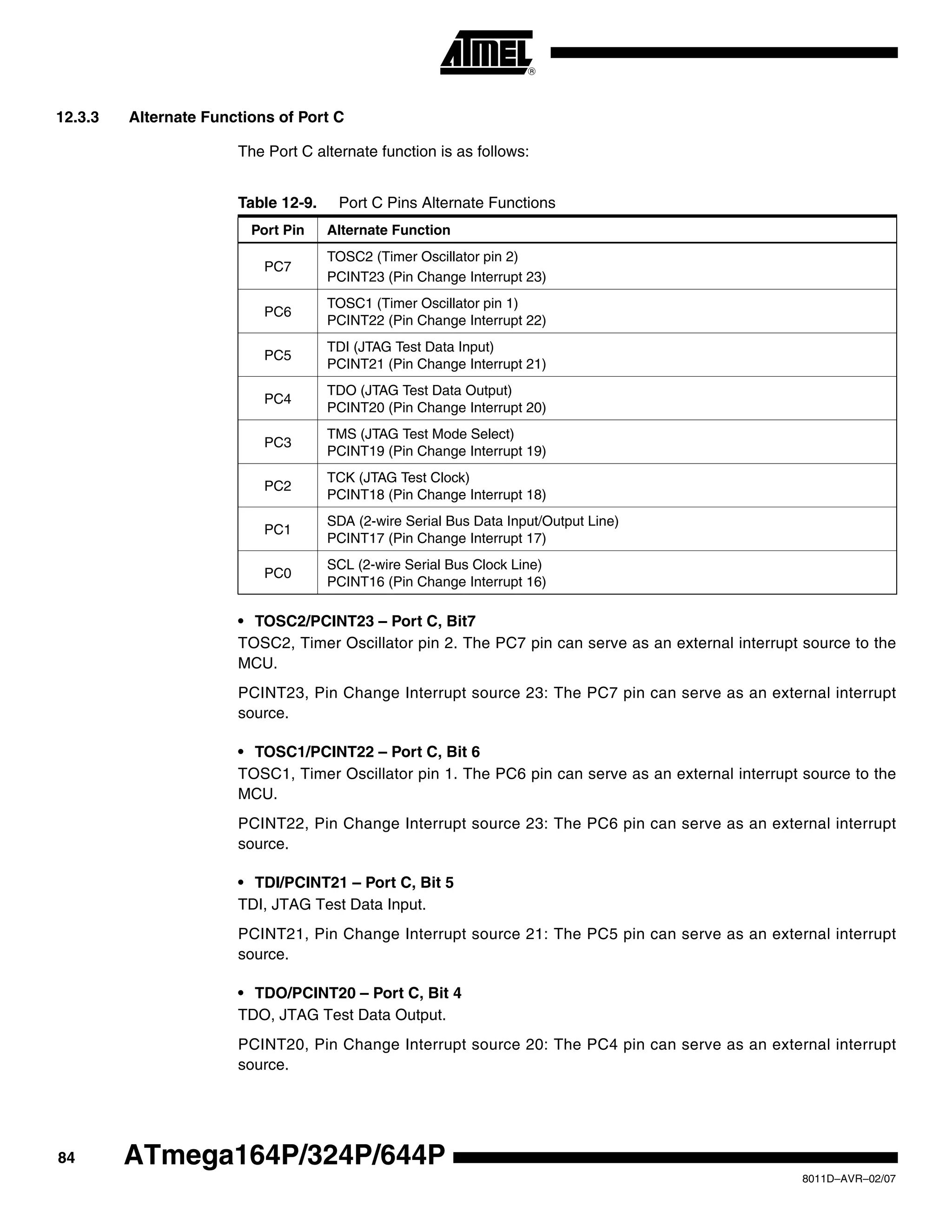 84
8011D–AVR–02/07
ATmega164P/324P/644P
12.3.3 Alternate Functions of Port C
The Port C alternate function is as follows:
• TOSC2/PCINT23 – Port C, Bit7
TOSC2, Timer Oscillator pin 2. The PC7 pin can serve as an external interrupt source to the
MCU.
PCINT23, Pin Change Interrupt source 23: The PC7 pin can serve as an external interrupt
source.
• TOSC1/PCINT22 – Port C, Bit 6
TOSC1, Timer Oscillator pin 1. The PC6 pin can serve as an external interrupt source to the
MCU.
PCINT22, Pin Change Interrupt source 23: The PC6 pin can serve as an external interrupt
source.
• TDI/PCINT21 – Port C, Bit 5
TDI, JTAG Test Data Input.
PCINT21, Pin Change Interrupt source 21: The PC5 pin can serve as an external interrupt
source.
• TDO/PCINT20 – Port C, Bit 4
TDO, JTAG Test Data Output.
PCINT20, Pin Change Interrupt source 20: The PC4 pin can serve as an external interrupt
source.
Table 12-9. Port C Pins Alternate Functions
Port Pin Alternate Function
PC7
TOSC2 (Timer Oscillator pin 2)
PCINT23 (Pin Change Interrupt 23)
PC6
TOSC1 (Timer Oscillator pin 1)
PCINT22 (Pin Change Interrupt 22)
PC5
TDI (JTAG Test Data Input)
PCINT21 (Pin Change Interrupt 21)
PC4
TDO (JTAG Test Data Output)
PCINT20 (Pin Change Interrupt 20)
PC3
TMS (JTAG Test Mode Select)
PCINT19 (Pin Change Interrupt 19)
PC2
TCK (JTAG Test Clock)
PCINT18 (Pin Change Interrupt 18)
PC1
SDA (2-wire Serial Bus Data Input/Output Line)
PCINT17 (Pin Change Interrupt 17)
PC0
SCL (2-wire Serial Bus Clock Line)
PCINT16 (Pin Change Interrupt 16)
 