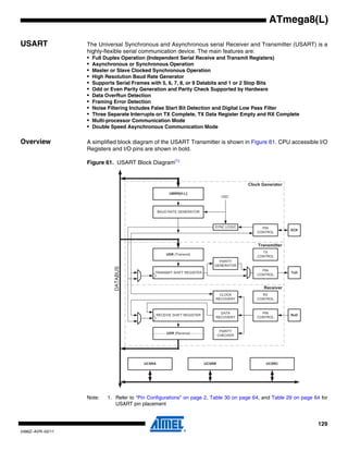 129
2486Z–AVR–02/11
ATmega8(L)
USART The Universal Synchronous and Asynchronous serial Receiver and Transmitter (USART) is a
highly-flexible serial communication device. The main features are:
• Full Duplex Operation (Independent Serial Receive and Transmit Registers)
• Asynchronous or Synchronous Operation
• Master or Slave Clocked Synchronous Operation
• High Resolution Baud Rate Generator
• Supports Serial Frames with 5, 6, 7, 8, or 9 Databits and 1 or 2 Stop Bits
• Odd or Even Parity Generation and Parity Check Supported by Hardware
• Data OverRun Detection
• Framing Error Detection
• Noise Filtering Includes False Start Bit Detection and Digital Low Pass Filter
• Three Separate Interrupts on TX Complete, TX Data Register Empty and RX Complete
• Multi-processor Communication Mode
• Double Speed Asynchronous Communication Mode
Overview A simplified block diagram of the USART Transmitter is shown in Figure 61. CPU accessible I/O
Registers and I/O pins are shown in bold.
Figure 61. USART Block Diagram(1)
Note: 1. Refer to “Pin Configurations” on page 2, Table 30 on page 64, and Table 29 on page 64 for
USART pin placement
PARITY
GENERATOR
UBRR[H:L]
UDR (Transmit)
UCSRA UCSRB UCSRC
BAUD RATE GENERATOR
TRANSMIT SHIFT REGISTER
RECEIVE SHIFT REGISTER RxD
TxD
PIN
CONTROL
UDR (Receive)
PIN
CONTROL
XCK
DATA
RECOVERY
CLOCK
RECOVERY
PIN
CONTROL
TX
CONTROL
RX
CONTROL
PARITY
CHECKER
DATABUS
OSC
SYNC LOGIC
Clock Generator
Transmitter
Receiver
 