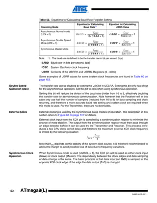 132
2486Z–AVR–02/11
ATmega8(L)
Note: 1. The baud rate is defined to be the transfer rate in bit per second (bps)
BAUD Baud rate (in bits per second, bps)
fOSC System Oscillator clock frequency
UBRR Contents of the UBRRH and UBRRL Registers (0 - 4095)
Some examples of UBRR values for some system clock frequencies are found in Table 60 on
page 153.
Double Speed
Operation (U2X)
The transfer rate can be doubled by setting the U2X bit in UCSRA. Setting this bit only has effect
for the asynchronous operation. Set this bit to zero when using synchronous operation.
Setting this bit will reduce the divisor of the baud rate divider from 16 to 8, effectively doubling
the transfer rate for asynchronous communication. Note however that the Receiver will in this
case only use half the number of samples (reduced from 16 to 8) for data sampling and clock
recovery, and therefore a more accurate baud rate setting and system clock are required when
this mode is used. For the Transmitter, there are no downsides.
External Clock External clocking is used by the Synchronous Slave modes of operation. The description in this
section refers to Figure 62 on page 131 for details.
External clock input from the XCK pin is sampled by a synchronization register to minimize the
chance of meta-stability. The output from the synchronization register must then pass through
an edge detector before it can be used by the Transmitter and Receiver. This process intro-
duces a two CPU clock period delay and therefore the maximum external XCK clock frequency
is limited by the following equation:
Note that fosc depends on the stability of the system clock source. It is therefore recommended to
add some margin to avoid possible loss of data due to frequency variations.
Synchronous Clock
Operation
When Synchronous mode is used (UMSEL = 1), the XCK pin will be used as either clock input
(Slave) or clock output (Master). The dependency between the clock edges and data sampling
or data change is the same. The basic principle is that data input (on RxD) is sampled at the
opposite XCK clock edge of the edge the data output (TxD) is changed.
Table 52. Equations for Calculating Baud Rate Register Setting
Operating Mode
Equation for Calculating
Baud Rate(1)
Equation for Calculating
UBRR Value
Asynchronous Normal mode
(U2X = 0)
Asynchronous Double Speed
Mode (U2X = 1)
Synchronous Master Mode
BAUD
fOSC
16 UBRR 1+( )
---------------------------------------= UBRR
fOSC
16BAUD
------------------------ 1–=
BAUD
fOSC
8 UBRR 1+( )
-----------------------------------= UBRR
fOSC
8BAUD
-------------------- 1–=
BAUD
fOSC
2 UBRR 1+( )
-----------------------------------= UBRR
fOSC
2BAUD
-------------------- 1–=
fXCK
fOSC
4
-----------<
 