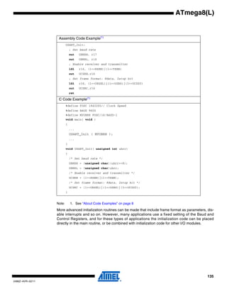 135
2486Z–AVR–02/11
ATmega8(L)
Note: 1. See “About Code Examples” on page 8
More advanced initialization routines can be made that include frame format as parameters, dis-
able interrupts and so on. However, many applications use a fixed setting of the Baud and
Control Registers, and for these types of applications the initialization code can be placed
directly in the main routine, or be combined with initialization code for other I/O modules.
Assembly Code Example(1)
USART_Init:
; Set baud rate
out UBRRH, r17
out UBRRL, r16
; Enable receiver and transmitter
ldi r16, (1<<RXEN)|(1<<TXEN)
out UCSRB,r16
; Set frame format: 8data, 2stop bit
ldi r16, (1<<URSEL)|(1<<USBS)|(3<<UCSZ0)
out UCSRC,r16
ret
C Code Example(1)
#define FOSC 1843200// Clock Speed
#define BAUD 9600
#define MYUBRR FOSC/16/BAUD-1
void main( void )
{
...
USART_Init ( MYUBRR );
...
}
void USART_Init( unsigned int ubrr)
{
/* Set baud rate */
UBRRH = (unsigned char)(ubrr>>8);
UBRRL = (unsigned char)ubrr;
/* Enable receiver and transmitter */
UCSRB = (1<<RXEN)|(1<<TXEN);
/* Set frame format: 8data, 2stop bit */
UCSRC = (1<<URSEL)|(1<<USBS)|(3<<UCSZ0);
}
 