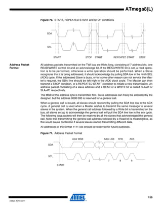 159
2486Z–AVR–02/11
ATmega8(L)
Figure 70. START, REPEATED START and STOP conditions
Address Packet
Format
All address packets transmitted on the TWI bus are 9 bits long, consisting of 7 address bits, one
READ/WRITE control bit and an acknowledge bit. If the READ/WRITE bit is set, a read opera-
tion is to be performed, otherwise a write operation should be performed. When a Slave
recognizes that it is being addressed, it should acknowledge by pulling SDA low in the ninth SCL
(ACK) cycle. If the addressed Slave is busy, or for some other reason can not service the Mas-
ter’s request, the SDA line should be left high in the ACK clock cycle. The Master can then
transmit a STOP condition, or a REPEATED START condition to initiate a new transmission. An
address packet consisting of a slave address and a READ or a WRITE bit is called SLA+R or
SLA+W, respectively.
The MSB of the address byte is transmitted first. Slave addresses can freely be allocated by the
designer, but the address 0000 000 is reserved for a general call.
When a general call is issued, all slaves should respond by pulling the SDA line low in the ACK
cycle. A general call is used when a Master wishes to transmit the same message to several
slaves in the system. When the general call address followed by a Write bit is transmitted on the
bus, all slaves set up to acknowledge the general call will pull the SDA line low in the ack cycle.
The following data packets will then be received by all the slaves that acknowledged the general
call. Note that transmitting the general call address followed by a Read bit is meaningless, as
this would cause contention if several slaves started transmitting different data.
All addresses of the format 1111 xxx should be reserved for future purposes.
Figure 71. Address Packet Format
SDA
SCL
START STOPREPEATED STARTSTOP START
SDA
SCL
START
1 2 7 8 9
Addr MSB Addr LSB R/W ACK
 