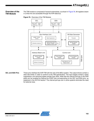 163
2486Z–AVR–02/11
ATmega8(L)
Overview of the
TWI Module
The TWI module is comprised of several submodules, as shown in Figure 76. All registers drawn
in a thick line are accessible through the AVR data bus.
Figure 76. Overview of the TWI Module
SCL and SDA Pins These pins interface the AVR TWI with the rest of the MCU system. The output drivers contain a
slew-rate limiter in order to conform to the TWI specification. The input stages contain a spike
suppression unit removing spikes shorter than 50ns. Note that the internal pull-ups in the AVR
pads can be enabled by setting the PORT bits corresponding to the SCL and SDA pins, as
explained in the I/O Port section. The internal pull-ups can in some systems eliminate the need
for external ones.
TWIUnit
Address Register
(TWAR)
Address Match Unit
Address Comparator
Control Unit
Control Register
(TWCR)
Status Register
(TWSR)
State Machine and
Status control
SCL
Slew-rate
Control
Spike
Filter
SDA
Slew-rate
Control
Spike
Filter
Bit Rate Generator
Bit Rate Register
(TWBR)
Prescaler
Bus Interface Unit
START / STOP
Control
Arbitration detection Ack
Spike Suppression
Address/Data Shift
Register (TWDR)
 