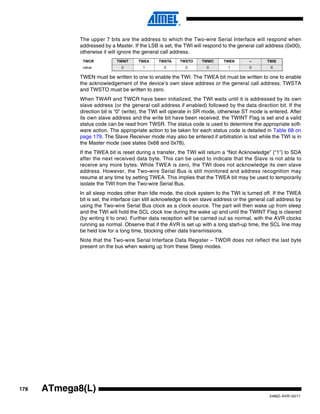 178
2486Z–AVR–02/11
ATmega8(L)
The upper 7 bits are the address to which the Two-wire Serial Interface will respond when
addressed by a Master. If the LSB is set, the TWI will respond to the general call address (0x00),
otherwise it will ignore the general call address.
TWEN must be written to one to enable the TWI. The TWEA bit must be written to one to enable
the acknowledgement of the device’s own slave address or the general call address. TWSTA
and TWSTO must be written to zero.
When TWAR and TWCR have been initialized, the TWI waits until it is addressed by its own
slave address (or the general call address if enabled) followed by the data direction bit. If the
direction bit is “0” (write), the TWI will operate in SR mode, otherwise ST mode is entered. After
its own slave address and the write bit have been received, the TWINT Flag is set and a valid
status code can be read from TWSR. The status code is used to determine the appropriate soft-
ware action. The appropriate action to be taken for each status code is detailed in Table 68 on
page 179. The Slave Receiver mode may also be entered if arbitration is lost while the TWI is in
the Master mode (see states 0x68 and 0x78).
If the TWEA bit is reset during a transfer, the TWI will return a “Not Acknowledge” (“1”) to SDA
after the next received data byte. This can be used to indicate that the Slave is not able to
receive any more bytes. While TWEA is zero, the TWI does not acknowledge its own slave
address. However, the Two-wire Serial Bus is still monitored and address recognition may
resume at any time by setting TWEA. This implies that the TWEA bit may be used to temporarily
isolate the TWI from the Two-wire Serial Bus.
In all sleep modes other than Idle mode, the clock system to the TWI is turned off. If the TWEA
bit is set, the interface can still acknowledge its own slave address or the general call address by
using the Two-wire Serial Bus clock as a clock source. The part will then wake up from sleep
and the TWI will hold the SCL clock low during the wake up and until the TWINT Flag is cleared
(by writing it to one). Further data reception will be carried out as normal, with the AVR clocks
running as normal. Observe that if the AVR is set up with a long start-up time, the SCL line may
be held low for a long time, blocking other data transmissions.
Note that the Two-wire Serial Interface Data Register – TWDR does not reflect the last byte
present on the bus when waking up from these Sleep modes.
TWCR TWINT TWEA TWSTA TWSTO TWWC TWEN – TWIE
value 0 1 0 0 0 1 0 X
 
