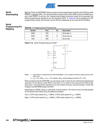 230
2486Z–AVR–02/11
ATmega8(L)
Serial
Downloading
Both the Flash and EEPROM memory arrays can be programmed using the serial SPI bus while
RESET is pulled to GND. The serial interface consists of pins SCK, MOSI (input) and MISO (out-
put). After RESET is set low, the Programming Enable instruction needs to be executed first
before program/erase operations can be executed. NOTE, in Table 96, the pin mapping for SPI
programming is listed. Not all parts use the SPI pins dedicated for the internal SPI interface.
Serial
Programming Pin
Mapping
Figure 112. Serial Programming and Verify(1)
Notes: 1. If the device is clocked by the Internal Oscillator, it is no need to connect a clock source to the
XTAL1 pin
2. VCC - 0.3 < AVCC < VCC + 0.3, however, AVCC should always be within 2.7V - 5.5V
When programming the EEPROM, an auto-erase cycle is built into the self-timed programming
operation (in the Serial mode ONLY) and there is no need to first execute the Chip Erase
instruction. The Chip Erase operation turns the content of every memory location in both the
Program and EEPROM arrays into 0xFF.
Depending on CKSEL Fuses, a valid clock must be present. The minimum low and high periods
for the Serial Clock (SCK) input are defined as follows:
Low:> 2 CPU clock cycles for fck <12MHz, 3 CPU clock cycles for fck >=12MHz
High:> 2 CPU clock cycles for fck <12MHz, 3 CPU clock cycles for fck >=12MHz
Table 96. Pin Mapping Serial Programming
Symbol Pins I/O Description
MOSI PB3 I Serial data in
MISO PB4 O Serial data out
SCK PB5 I Serial clock
VCC
GND
XTAL1
SCK
MISO
MOSI
RESET
PB3
PB4
PB5
+2.7V - 5.5V
AVCC
+2.7V - 5.5V (2)
 