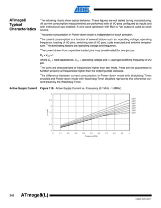 242
2486Z–AVR–02/11
ATmega8(L)
ATmega8
Typical
Characteristics
The following charts show typical behavior. These figures are not tested during manufacturing.
All current consumption measurements are performed with all I/O pins configured as inputs and
with internal pull-ups enabled. A sine wave generator with Rail-to-Rail output is used as clock
source.
The power consumption in Power-down mode is independent of clock selection.
The current consumption is a function of several factors such as: operating voltage, operating
frequency, loading of I/O pins, switching rate of I/O pins, code executed and ambient tempera-
ture. The dominating factors are operating voltage and frequency.
The current drawn from capacitive loaded pins may be estimated (for one pin) as:
CL × VCC × f
where CL = load capacitance, VCC = operating voltage and f = average switching frequency of I/O
pin.
The parts are characterized at frequencies higher than test limits. Parts are not guaranteed to
function properly at frequencies higher than the ordering code indicates.
The difference between current consumption in Power-down mode with Watchdog Timer
enabled and Power-down mode with Watchdog Timer disabled represents the differential cur-
rent drawn by the Watchdog Timer.
Active Supply Current Figure 118. Active Supply Current vs. Frequency (0.1MHz - 1.0MHz)
0
0.5
1
1.5
2
2.5
3
0 0.1 0.2 0.3 0.4 0.5 0.6 0.7 0.8 0.9 1
Frequency (MHz)
ICC(mA)
5.5V
5.0V
4.5V
3.3V
3.0V
2.7V
4.0V
 