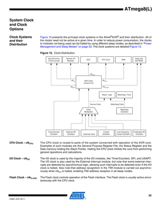 25
2486Z–AVR–02/11
ATmega8(L)
System Clock
and Clock
Options
Clock Systems
and their
Distribution
Figure 10 presents the principal clock systems in the Atmel®
AVR®
and their distribution. All of
the clocks need not be active at a given time. In order to reduce power consumption, the clocks
to modules not being used can be halted by using different sleep modes, as described in “Power
Management and Sleep Modes” on page 33. The clock systems are detailed Figure 10.
Figure 10. Clock Distribution
CPU Clock – clkCPU The CPU clock is routed to parts of the system concerned with operation of the AVR core.
Examples of such modules are the General Purpose Register File, the Status Register and the
Data memory holding the Stack Pointer. Halting the CPU clock inhibits the core from performing
general operations and calculations.
I/O Clock – clkI/O The I/O clock is used by the majority of the I/O modules, like Timer/Counters, SPI, and USART.
The I/O clock is also used by the External Interrupt module, but note that some external inter-
rupts are detected by asynchronous logic, allowing such interrupts to be detected even if the I/O
clock is halted. Also note that address recognition in the TWI module is carried out asynchro-
nously when clkI/O is halted, enabling TWI address reception in all sleep modes.
Flash Clock – clkFLASH The Flash clock controls operation of the Flash interface. The Flash clock is usually active simul-
taneously with the CPU clock.
General I/O
Modules
Asynchronous
Timer/Counter
ADC CPU Core RAM
clkI/O
clkASY
AVR Clock
Control Unit
clkCPU
Flash and
EEPROM
clkFLASH
clkADC
Source Clock
Watchdog Timer
Watchdog
Oscillator
Reset Logic
Clock
Multiplexer
Watchdog Clock
Calibrated RC
Oscillator
Timer/Counter
Oscillator
Crystal
Oscillator
Low-Frequency
Crystal Oscillator
External RC
Oscillator External Clock
 