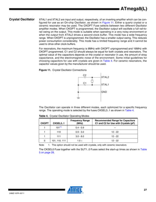 27
2486Z–AVR–02/11
ATmega8(L)
Crystal Oscillator XTAL1 and XTAL2 are input and output, respectively, of an inverting amplifier which can be con-
figured for use as an On-chip Oscillator, as shown in Figure 11. Either a quartz crystal or a
ceramic resonator may be used. The CKOPT Fuse selects between two different Oscillator
amplifier modes. When CKOPT is programmed, the Oscillator output will oscillate a full rail-to-
rail swing on the output. This mode is suitable when operating in a very noisy environment or
when the output from XTAL2 drives a second clock buffer. This mode has a wide frequency
range. When CKOPT is unprogrammed, the Oscillator has a smaller output swing. This reduces
power consumption considerably. This mode has a limited frequency range and it cannot be
used to drive other clock buffers.
For resonators, the maximum frequency is 8MHz with CKOPT unprogrammed and 16MHz with
CKOPT programmed. C1 and C2 should always be equal for both crystals and resonators. The
optimal value of the capacitors depends on the crystal or resonator in use, the amount of stray
capacitance, and the electromagnetic noise of the environment. Some initial guidelines for
choosing capacitors for use with crystals are given in Table 4. For ceramic resonators, the
capacitor values given by the manufacturer should be used.
Figure 11. Crystal Oscillator Connections
The Oscillator can operate in three different modes, each optimized for a specific frequency
range. The operating mode is selected by the fuses CKSEL3..1 as shown in Table 4.
Note: 1. This option should not be used with crystals, only with ceramic resonators
The CKSEL0 Fuse together with the SUT1..0 Fuses select the start-up times as shown in Table
5 on page 28.
Table 4. Crystal Oscillator Operating Modes
CKOPT CKSEL3..1
Frequency Range
(MHz)
Recommended Range for Capacitors
C1 and C2 for Use with Crystals (pF)
1 101(1)
0.4 - 0.9 –
1 110 0.9 - 3.0 12 - 22
1 111 3.0 - 8.0 12 - 22
0 101, 110, 111 1.0 ≤ 12 - 22
XTAL2
XTAL1
GND
C2
C1
 