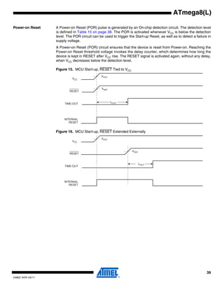 39
2486Z–AVR–02/11
ATmega8(L)
Power-on Reset A Power-on Reset (POR) pulse is generated by an On-chip detection circuit. The detection level
is defined in Table 15 on page 38. The POR is activated whenever VCC is below the detection
level. The POR circuit can be used to trigger the Start-up Reset, as well as to detect a failure in
supply voltage.
A Power-on Reset (POR) circuit ensures that the device is reset from Power-on. Reaching the
Power-on Reset threshold voltage invokes the delay counter, which determines how long the
device is kept in RESET after VCC rise. The RESET signal is activated again, without any delay,
when VCC decreases below the detection level.
Figure 15. MCU Start-up, RESET Tied to VCC
Figure 16. MCU Start-up, RESET Extended Externally
V
RESET
TIME-OUT
INTERNAL
RESET
tTOUT
VPOT
VRST
CC
RESET
TIME-OUT
INTERNAL
RESET
tTOUT
VPOT
VRST
VCC
 