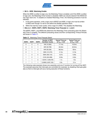 44
2486Z–AVR–02/11
ATmega8(L)
• Bit 3 – WDE: Watchdog Enable
When the WDE is written to logic one, the Watchdog Timer is enabled, and if the WDE is written
to logic zero, the Watchdog Timer function is disabled. WDE can only be cleared if the WDCE bit
has logic level one. To disable an enabled Watchdog Timer, the following procedure must be
followed:
1. In the same operation, write a logic one to WDCE and WDE. A logic one must be written
to WDE even though it is set to one before the disable operation starts
2. Within the next four clock cycles, write a logic 0 to WDE. This disables the Watchdog
• Bits 2..0 – WDP2, WDP1, WDP0: Watchdog Timer Prescaler 2, 1, and 0
The WDP2, WDP1, and WDP0 bits determine the Watchdog Timer prescaling when the Watch-
dog Timer is enabled. The different prescaling values and their corresponding Timeout Periods
are shown in Table 17.
The following code example shows one assembly and one C function for turning off the WDT.
The example assumes that interrupts are controlled (for example, by disabling interrupts glob-
ally) so that no interrupts will occur during execution of these functions.
Table 17. Watchdog Timer Prescale Select
WDP2 WDP1 WDP0
Number of WDT
Oscillator Cycles
Typical Time-out
at VCC = 3.0V
Typical Time-out
at VCC = 5.0V
0 0 0 16K (16,384) 17.1ms 16.3ms
0 0 1 32K (32,768) 34.3ms 32.5ms
0 1 0 64K (65,536) 68.5ms 65ms
0 1 1 128K (131,072) 0.14s 0.13s
1 0 0 256K (262,144) 0.27s 0.26s
1 0 1 512K (524,288) 0.55s 0.52s
1 1 0 1,024K (1,048,576) 1.1s 1.0s
1 1 1 2,048K (2,097,152) 2.2s 2.1s
 