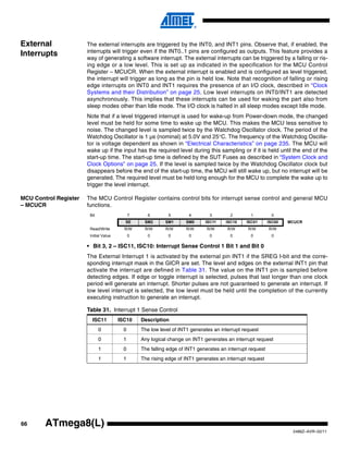 66
2486Z–AVR–02/11
ATmega8(L)
External
Interrupts
The external interrupts are triggered by the INT0, and INT1 pins. Observe that, if enabled, the
interrupts will trigger even if the INT0..1 pins are configured as outputs. This feature provides a
way of generating a software interrupt. The external interrupts can be triggered by a falling or ris-
ing edge or a low level. This is set up as indicated in the specification for the MCU Control
Register – MCUCR. When the external interrupt is enabled and is configured as level triggered,
the interrupt will trigger as long as the pin is held low. Note that recognition of falling or rising
edge interrupts on INT0 and INT1 requires the presence of an I/O clock, described in “Clock
Systems and their Distribution” on page 25. Low level interrupts on INT0/INT1 are detected
asynchronously. This implies that these interrupts can be used for waking the part also from
sleep modes other than Idle mode. The I/O clock is halted in all sleep modes except Idle mode.
Note that if a level triggered interrupt is used for wake-up from Power-down mode, the changed
level must be held for some time to wake up the MCU. This makes the MCU less sensitive to
noise. The changed level is sampled twice by the Watchdog Oscillator clock. The period of the
Watchdog Oscillator is 1 µs (nominal) at 5.0V and 25°C. The frequency of the Watchdog Oscilla-
tor is voltage dependent as shown in “Electrical Characteristics” on page 235. The MCU will
wake up if the input has the required level during this sampling or if it is held until the end of the
start-up time. The start-up time is defined by the SUT Fuses as described in “System Clock and
Clock Options” on page 25. If the level is sampled twice by the Watchdog Oscillator clock but
disappears before the end of the start-up time, the MCU will still wake up, but no interrupt will be
generated. The required level must be held long enough for the MCU to complete the wake up to
trigger the level interrupt.
MCU Control Register
– MCUCR
The MCU Control Register contains control bits for interrupt sense control and general MCU
functions.
• Bit 3, 2 – ISC11, ISC10: Interrupt Sense Control 1 Bit 1 and Bit 0
The External Interrupt 1 is activated by the external pin INT1 if the SREG I-bit and the corre-
sponding interrupt mask in the GICR are set. The level and edges on the external INT1 pin that
activate the interrupt are defined in Table 31. The value on the INT1 pin is sampled before
detecting edges. If edge or toggle interrupt is selected, pulses that last longer than one clock
period will generate an interrupt. Shorter pulses are not guaranteed to generate an interrupt. If
low level interrupt is selected, the low level must be held until the completion of the currently
executing instruction to generate an interrupt.
Bit 7 6 5 4 3 2 1 0
SE SM2 SM1 SM0 ISC11 ISC10 ISC01 ISC00 MCUCR
Read/Write R/W R/W R/W R/W R/W R/W R/W R/W
Initial Value 0 0 0 0 0 0 0 0
Table 31. Interrupt 1 Sense Control
ISC11 ISC10 Description
0 0 The low level of INT1 generates an interrupt request
0 1 Any logical change on INT1 generates an interrupt request
1 0 The falling edge of INT1 generates an interrupt request
1 1 The rising edge of INT1 generates an interrupt request
 