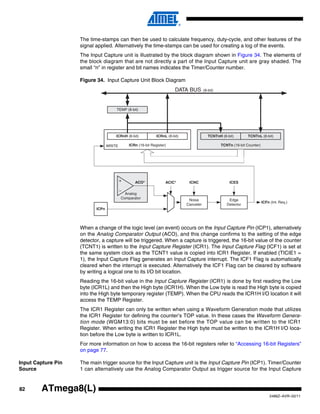 82
2486Z–AVR–02/11
ATmega8(L)
The time-stamps can then be used to calculate frequency, duty-cycle, and other features of the
signal applied. Alternatively the time-stamps can be used for creating a log of the events.
The Input Capture unit is illustrated by the block diagram shown in Figure 34. The elements of
the block diagram that are not directly a part of the Input Capture unit are gray shaded. The
small “n” in register and bit names indicates the Timer/Counter number.
Figure 34. Input Capture Unit Block Diagram
When a change of the logic level (an event) occurs on the Input Capture Pin (ICP1), alternatively
on the Analog Comparator Output (ACO), and this change confirms to the setting of the edge
detector, a capture will be triggered. When a capture is triggered, the 16-bit value of the counter
(TCNT1) is written to the Input Capture Register (ICR1). The Input Capture Flag (ICF1) is set at
the same system clock as the TCNT1 value is copied into ICR1 Register. If enabled (TICIE1 =
1), the Input Capture Flag generates an Input Capture interrupt. The ICF1 Flag is automatically
cleared when the interrupt is executed. Alternatively the ICF1 Flag can be cleared by software
by writing a logical one to its I/O bit location.
Reading the 16-bit value in the Input Capture Register (ICR1) is done by first reading the Low
byte (ICR1L) and then the High byte (ICR1H). When the Low byte is read the High byte is copied
into the High byte temporary register (TEMP). When the CPU reads the ICR1H I/O location it will
access the TEMP Register.
The ICR1 Register can only be written when using a Waveform Generation mode that utilizes
the ICR1 Register for defining the counter’s TOP value. In these cases the Waveform Genera-
tion mode (WGM13:0) bits must be set before the TOP value can be written to the ICR1
Register. When writing the ICR1 Register the High byte must be written to the ICR1H I/O loca-
tion before the Low byte is written to ICR1L.
For more information on how to access the 16-bit registers refer to “Accessing 16-bit Registers”
on page 77.
Input Capture Pin
Source
The main trigger source for the Input Capture unit is the Input Capture Pin (ICP1). Timer/Counter
1 can alternatively use the Analog Comparator Output as trigger source for the Input Capture
ICFn (Int. Req.)
Analog
Comparator
WRITE ICRn (16-bit Register)
ICRnH (8-bit)
Noise
Canceler
ICPn
Edge
Detector
TEMP (8-bit)
DATA BUS (8-bit)
ICRnL (8-bit)
TCNTn (16-bit Counter)
TCNTnH (8-bit) TCNTnL (8-bit)
ACIC* ICNC ICESACO*
 