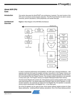 9
2486Z–AVR–02/11
ATmega8(L)
Atmel AVR CPU
Core
Introduction This section discusses the Atmel®
AVR®
core architecture in general. The main function of the
CPU core is to ensure correct program execution. The CPU must therefore be able to access
memories, perform calculations, control peripherals, and handle interrupts.
Architectural
Overview
Figure 2. Block Diagram of the AVR MCU Architecture
In order to maximize performance and parallelism, the AVR uses a Harvard architecture – with
separate memories and buses for program and data. Instructions in the Program memory are
executed with a single level pipelining. While one instruction is being executed, the next instruc-
tion is pre-fetched from the Program memory. This concept enables instructions to be executed
in every clock cycle. The Program memory is In-System Reprogrammable Flash memory.
The fast-access Register File contains 32 × 8-bit general purpose working registers with a single
clock cycle access time. This allows single-cycle Arithmetic Logic Unit (ALU) operation. In a typ-
ical ALU operation, two operands are output from the Register File, the operation is executed,
and the result is stored back in the Register File – in one clock cycle.
Six of the 32 registers can be used as three 16-bit indirect address register pointers for Data
Space addressing – enabling efficient address calculations. One of the these address pointers
Flash
Program
Memory
Instruction
Register
Instruction
Decoder
Program
Counter
Control Lines
32 x 8
General
Purpose
Registrers
ALU
Status
and Control
I/O Lines
EEPROM
Data Bus 8-bit
Data
SRAM
DirectAddressing
IndirectAddressing
Interrupt
Unit
SPI
Unit
Watchdog
Timer
Analog
Comparator
i/O Module 2
i/O Module1
i/O Module n
 