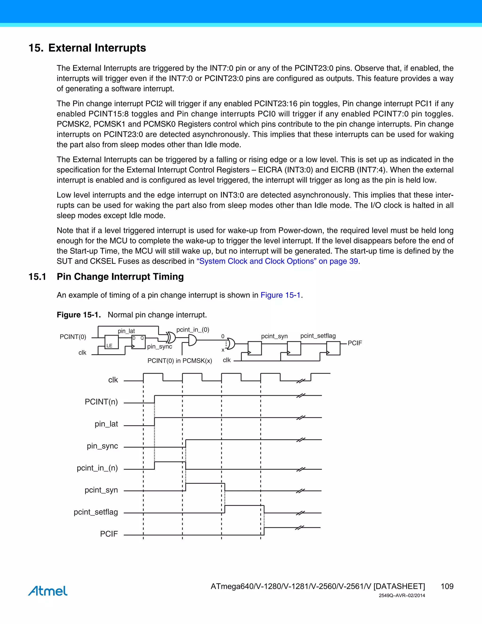 109
ATmega640/V-1280/V-1281/V-2560/V-2561/V [DATASHEET]
2549Q–AVR–02/2014
15. External Interrupts
The External Interrupts are triggered by the INT7:0 pin or any of the PCINT23:0 pins. Observe that, if enabled, the
interrupts will trigger even if the INT7:0 or PCINT23:0 pins are configured as outputs. This feature provides a way
of generating a software interrupt.
The Pin change interrupt PCI2 will trigger if any enabled PCINT23:16 pin toggles, Pin change interrupt PCI1 if any
enabled PCINT15:8 toggles and Pin change interrupts PCI0 will trigger if any enabled PCINT7:0 pin toggles.
PCMSK2, PCMSK1 and PCMSK0 Registers control which pins contribute to the pin change interrupts. Pin change
interrupts on PCINT23:0 are detected asynchronously. This implies that these interrupts can be used for waking
the part also from sleep modes other than Idle mode.
The External Interrupts can be triggered by a falling or rising edge or a low level. This is set up as indicated in the
specification for the External Interrupt Control Registers – EICRA (INT3:0) and EICRB (INT7:4). When the external
interrupt is enabled and is configured as level triggered, the interrupt will trigger as long as the pin is held low.
Low level interrupts and the edge interrupt on INT3:0 are detected asynchronously. This implies that these inter-
rupts can be used for waking the part also from sleep modes other than Idle mode. The I/O clock is halted in all
sleep modes except Idle mode.
Note that if a level triggered interrupt is used for wake-up from Power-down, the required level must be held long
enough for the MCU to complete the wake-up to trigger the level interrupt. If the level disappears before the end of
the Start-up Time, the MCU will still wake up, but no interrupt will be generated. The start-up time is defined by the
SUT and CKSEL Fuses as described in “System Clock and Clock Options” on page 39.
15.1 Pin Change Interrupt Timing
An example of timing of a pin change interrupt is shown in Figure 15-1.
Figure 15-1. Normal pin change interrupt.
clk
PCINT(n)
pin_lat
pin_sync
pcint_in_(n)
pcint_syn
pcint_setflag
PCIF
PCINT(0)
pin_sync
pcint_syn
pin_lat
D Q
LE
pcint_setflag
PCIF
clk
clk
PCINT(0) in PCMSK(x)
pcint_in_(0)
0
x
 