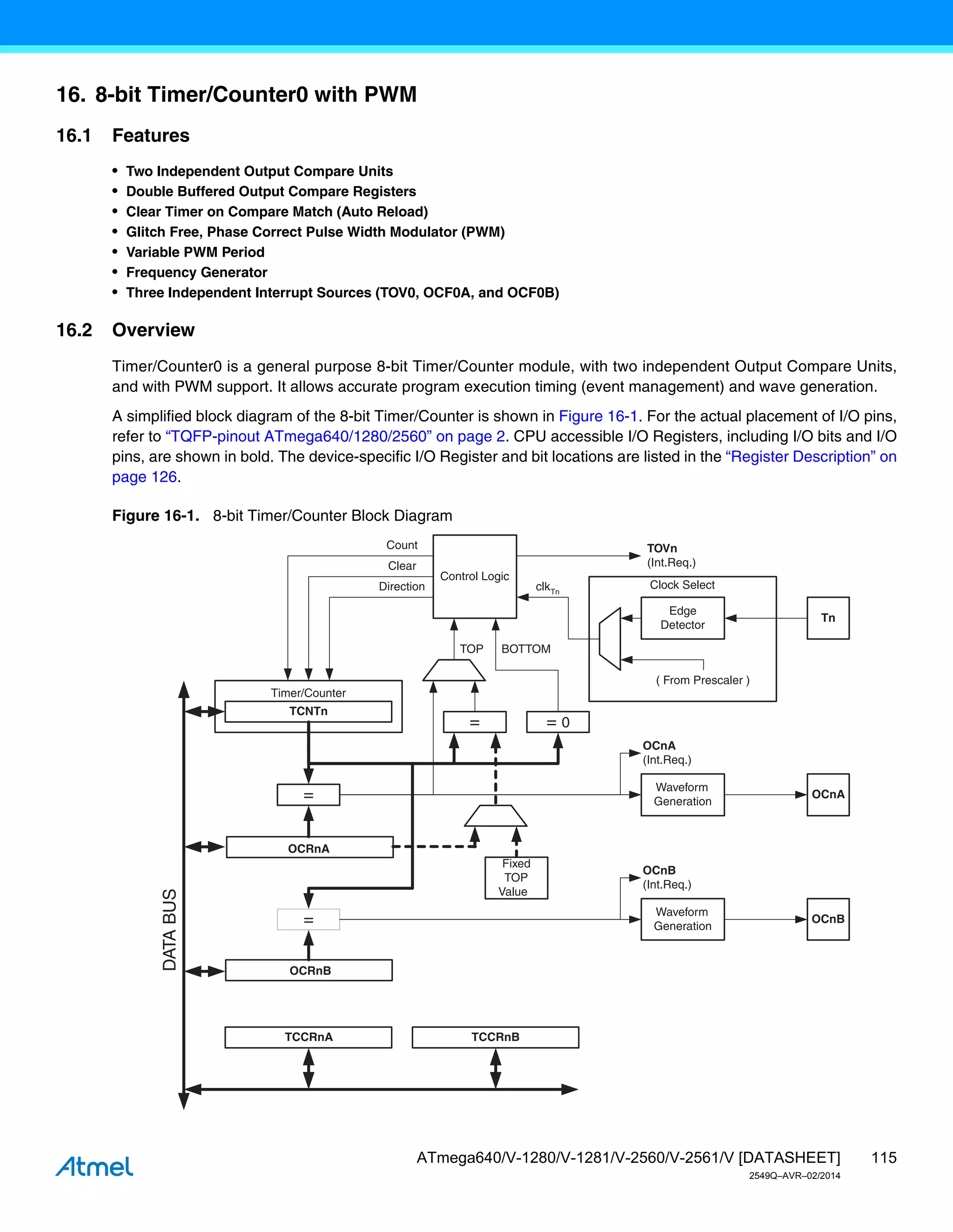 115
ATmega640/V-1280/V-1281/V-2560/V-2561/V [DATASHEET]
2549Q–AVR–02/2014
16. 8-bit Timer/Counter0 with PWM
16.1 Features
• Two Independent Output Compare Units
• Double Buffered Output Compare Registers
• Clear Timer on Compare Match (Auto Reload)
• Glitch Free, Phase Correct Pulse Width Modulator (PWM)
• Variable PWM Period
• Frequency Generator
• Three Independent Interrupt Sources (TOV0, OCF0A, and OCF0B)
16.2 Overview
Timer/Counter0 is a general purpose 8-bit Timer/Counter module, with two independent Output Compare Units,
and with PWM support. It allows accurate program execution timing (event management) and wave generation.
A simplified block diagram of the 8-bit Timer/Counter is shown in Figure 16-1. For the actual placement of I/O pins,
refer to “TQFP-pinout ATmega640/1280/2560” on page 2. CPU accessible I/O Registers, including I/O bits and I/O
pins, are shown in bold. The device-specific I/O Register and bit locations are listed in the “Register Description” on
page 126.
Figure 16-1. 8-bit Timer/Counter Block Diagram
Clock Select
Timer/Counter
DATA
BUS
OCRnA
OCRnB
=
=
TCNTn
Waveform
Generation
Waveform
Generation
OCnA
OCnB
=
Fixed
TOP
Value
Control Logic
= 0
TOP BOTTOM
Count
Clear
Direction
TOVn
(Int.Req.)
OCnA
(Int.Req.)
OCnB
(Int.Req.)
TCCRnA TCCRnB
Tn
Edge
Detector
( From Prescaler )
clkTn
 