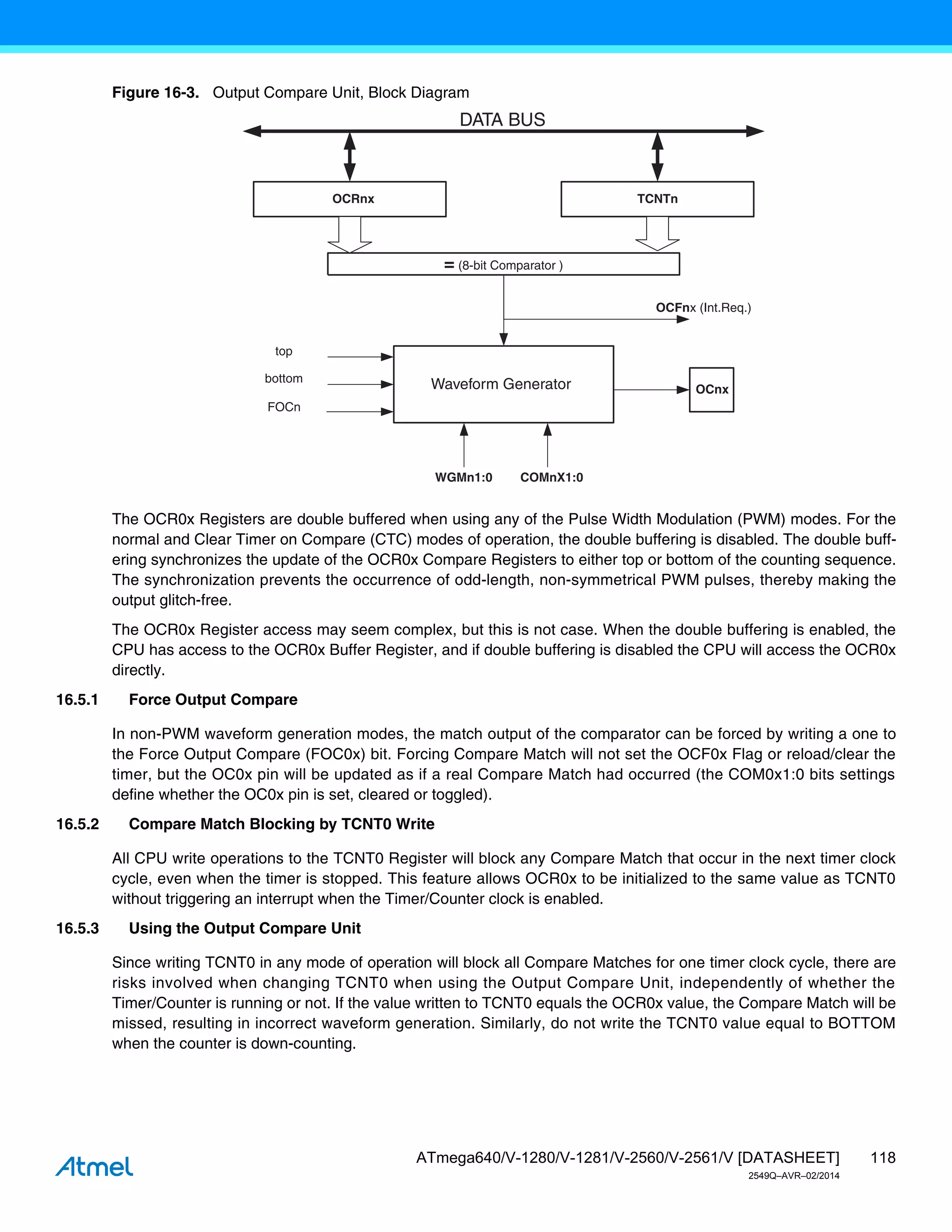 118
ATmega640/V-1280/V-1281/V-2560/V-2561/V [DATASHEET]
2549Q–AVR–02/2014
Figure 16-3. Output Compare Unit, Block Diagram
The OCR0x Registers are double buffered when using any of the Pulse Width Modulation (PWM) modes. For the
normal and Clear Timer on Compare (CTC) modes of operation, the double buffering is disabled. The double buff-
ering synchronizes the update of the OCR0x Compare Registers to either top or bottom of the counting sequence.
The synchronization prevents the occurrence of odd-length, non-symmetrical PWM pulses, thereby making the
output glitch-free.
The OCR0x Register access may seem complex, but this is not case. When the double buffering is enabled, the
CPU has access to the OCR0x Buffer Register, and if double buffering is disabled the CPU will access the OCR0x
directly.
16.5.1 Force Output Compare
In non-PWM waveform generation modes, the match output of the comparator can be forced by writing a one to
the Force Output Compare (FOC0x) bit. Forcing Compare Match will not set the OCF0x Flag or reload/clear the
timer, but the OC0x pin will be updated as if a real Compare Match had occurred (the COM0x1:0 bits settings
define whether the OC0x pin is set, cleared or toggled).
16.5.2 Compare Match Blocking by TCNT0 Write
All CPU write operations to the TCNT0 Register will block any Compare Match that occur in the next timer clock
cycle, even when the timer is stopped. This feature allows OCR0x to be initialized to the same value as TCNT0
without triggering an interrupt when the Timer/Counter clock is enabled.
16.5.3 Using the Output Compare Unit
Since writing TCNT0 in any mode of operation will block all Compare Matches for one timer clock cycle, there are
risks involved when changing TCNT0 when using the Output Compare Unit, independently of whether the
Timer/Counter is running or not. If the value written to TCNT0 equals the OCR0x value, the Compare Match will be
missed, resulting in incorrect waveform generation. Similarly, do not write the TCNT0 value equal to BOTTOM
when the counter is down-counting.
OCFnx (Int.Req.)
= (8-bit Comparator )
OCRnx
OCnx
DATA BUS
TCNTn
WGMn1:0
Waveform Generator
top
FOCn
COMnX1:0
bottom
 