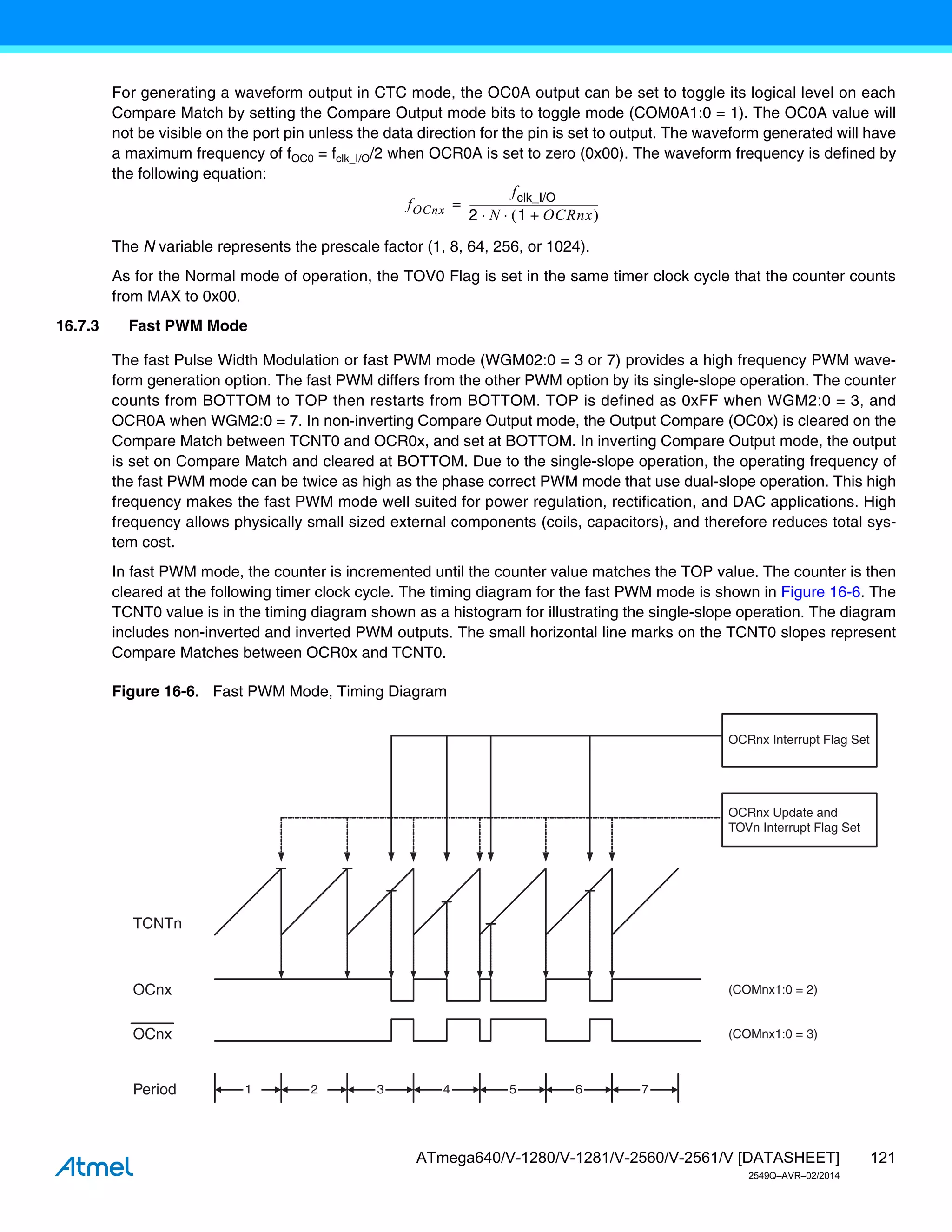 121
ATmega640/V-1280/V-1281/V-2560/V-2561/V [DATASHEET]
2549Q–AVR–02/2014
For generating a waveform output in CTC mode, the OC0A output can be set to toggle its logical level on each
Compare Match by setting the Compare Output mode bits to toggle mode (COM0A1:0 = 1). The OC0A value will
not be visible on the port pin unless the data direction for the pin is set to output. The waveform generated will have
a maximum frequency of fOC0 = fclk_I/O/2 when OCR0A is set to zero (0x00). The waveform frequency is defined by
the following equation:
The N variable represents the prescale factor (1, 8, 64, 256, or 1024).
As for the Normal mode of operation, the TOV0 Flag is set in the same timer clock cycle that the counter counts
from MAX to 0x00.
16.7.3 Fast PWM Mode
The fast Pulse Width Modulation or fast PWM mode (WGM02:0 = 3 or 7) provides a high frequency PWM wave-
form generation option. The fast PWM differs from the other PWM option by its single-slope operation. The counter
counts from BOTTOM to TOP then restarts from BOTTOM. TOP is defined as 0xFF when WGM2:0 = 3, and
OCR0A when WGM2:0 = 7. In non-inverting Compare Output mode, the Output Compare (OC0x) is cleared on the
Compare Match between TCNT0 and OCR0x, and set at BOTTOM. In inverting Compare Output mode, the output
is set on Compare Match and cleared at BOTTOM. Due to the single-slope operation, the operating frequency of
the fast PWM mode can be twice as high as the phase correct PWM mode that use dual-slope operation. This high
frequency makes the fast PWM mode well suited for power regulation, rectification, and DAC applications. High
frequency allows physically small sized external components (coils, capacitors), and therefore reduces total sys-
tem cost.
In fast PWM mode, the counter is incremented until the counter value matches the TOP value. The counter is then
cleared at the following timer clock cycle. The timing diagram for the fast PWM mode is shown in Figure 16-6. The
TCNT0 value is in the timing diagram shown as a histogram for illustrating the single-slope operation. The diagram
includes non-inverted and inverted PWM outputs. The small horizontal line marks on the TCNT0 slopes represent
Compare Matches between OCR0x and TCNT0.
Figure 16-6. Fast PWM Mode, Timing Diagram
fOCnx
fclk_I/O
2 N 1 OCRnx
+
 
 
-------------------------------------------------
-
=
TCNTn
OCRnx Update and
TOVn Interrupt Flag Set
1
Period 2 3
OCnx
OCnx
(COMnx1:0 = 2)
(COMnx1:0 = 3)
OCRnx Interrupt Flag Set
4 5 6 7
 