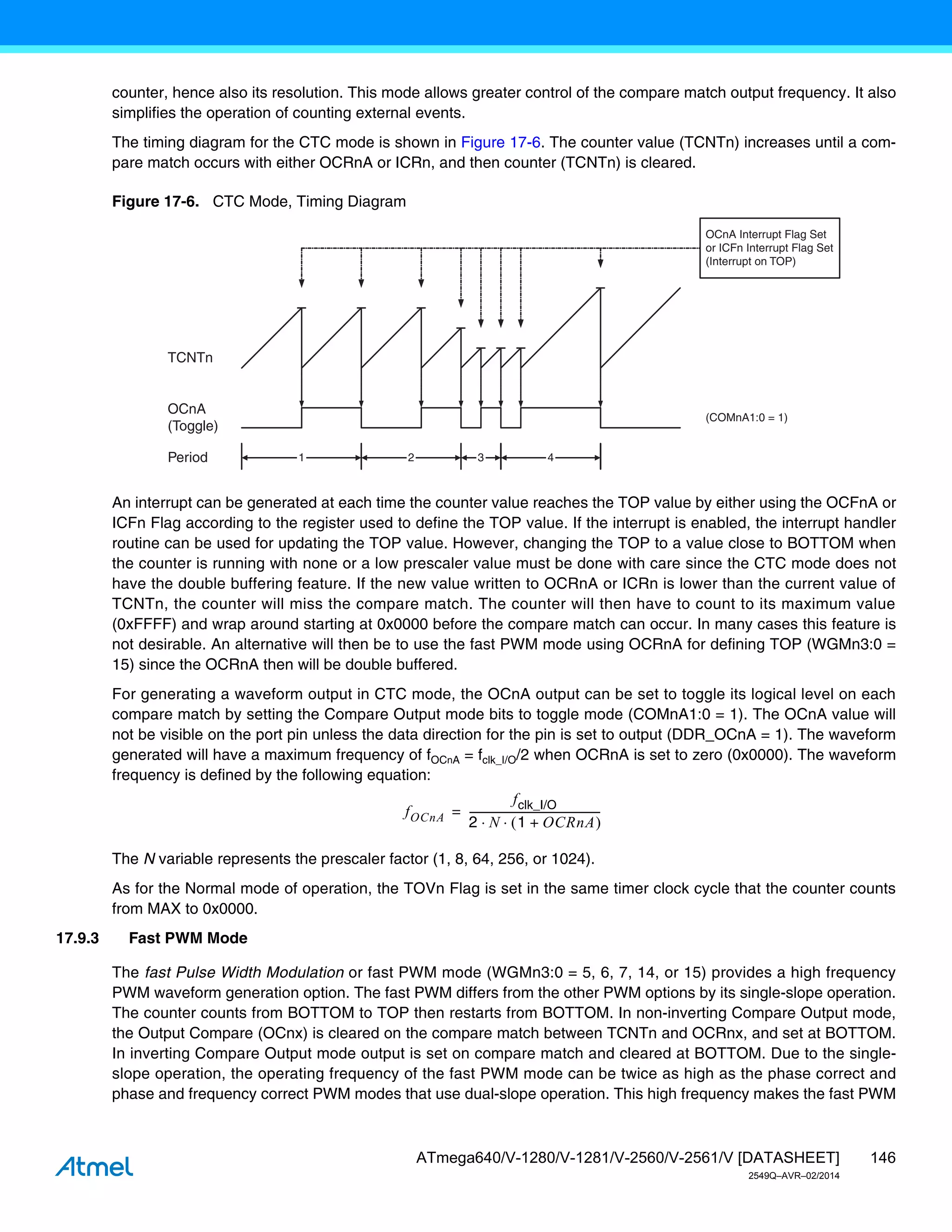 146
ATmega640/V-1280/V-1281/V-2560/V-2561/V [DATASHEET]
2549Q–AVR–02/2014
counter, hence also its resolution. This mode allows greater control of the compare match output frequency. It also
simplifies the operation of counting external events.
The timing diagram for the CTC mode is shown in Figure 17-6. The counter value (TCNTn) increases until a com-
pare match occurs with either OCRnA or ICRn, and then counter (TCNTn) is cleared.
Figure 17-6. CTC Mode, Timing Diagram
An interrupt can be generated at each time the counter value reaches the TOP value by either using the OCFnA or
ICFn Flag according to the register used to define the TOP value. If the interrupt is enabled, the interrupt handler
routine can be used for updating the TOP value. However, changing the TOP to a value close to BOTTOM when
the counter is running with none or a low prescaler value must be done with care since the CTC mode does not
have the double buffering feature. If the new value written to OCRnA or ICRn is lower than the current value of
TCNTn, the counter will miss the compare match. The counter will then have to count to its maximum value
(0xFFFF) and wrap around starting at 0x0000 before the compare match can occur. In many cases this feature is
not desirable. An alternative will then be to use the fast PWM mode using OCRnA for defining TOP (WGMn3:0 =
15) since the OCRnA then will be double buffered.
For generating a waveform output in CTC mode, the OCnA output can be set to toggle its logical level on each
compare match by setting the Compare Output mode bits to toggle mode (COMnA1:0 = 1). The OCnA value will
not be visible on the port pin unless the data direction for the pin is set to output (DDR_OCnA = 1). The waveform
generated will have a maximum frequency of fOCnA = fclk_I/O/2 when OCRnA is set to zero (0x0000). The waveform
frequency is defined by the following equation:
The N variable represents the prescaler factor (1, 8, 64, 256, or 1024).
As for the Normal mode of operation, the TOVn Flag is set in the same timer clock cycle that the counter counts
from MAX to 0x0000.
17.9.3 Fast PWM Mode
The fast Pulse Width Modulation or fast PWM mode (WGMn3:0 = 5, 6, 7, 14, or 15) provides a high frequency
PWM waveform generation option. The fast PWM differs from the other PWM options by its single-slope operation.
The counter counts from BOTTOM to TOP then restarts from BOTTOM. In non-inverting Compare Output mode,
the Output Compare (OCnx) is cleared on the compare match between TCNTn and OCRnx, and set at BOTTOM.
In inverting Compare Output mode output is set on compare match and cleared at BOTTOM. Due to the single-
slope operation, the operating frequency of the fast PWM mode can be twice as high as the phase correct and
phase and frequency correct PWM modes that use dual-slope operation. This high frequency makes the fast PWM
TCNTn
OCnA
(Toggle)
OCnA Interrupt Flag Set
or ICFn Interrupt Flag Set
(Interrupt on TOP)
1 4
Period 2 3
(COMnA1:0 = 1)
fOCnA
fclk_I/O
2 N 1 OCRnA
+
 
 
--------------------------------------------------
-
=
 