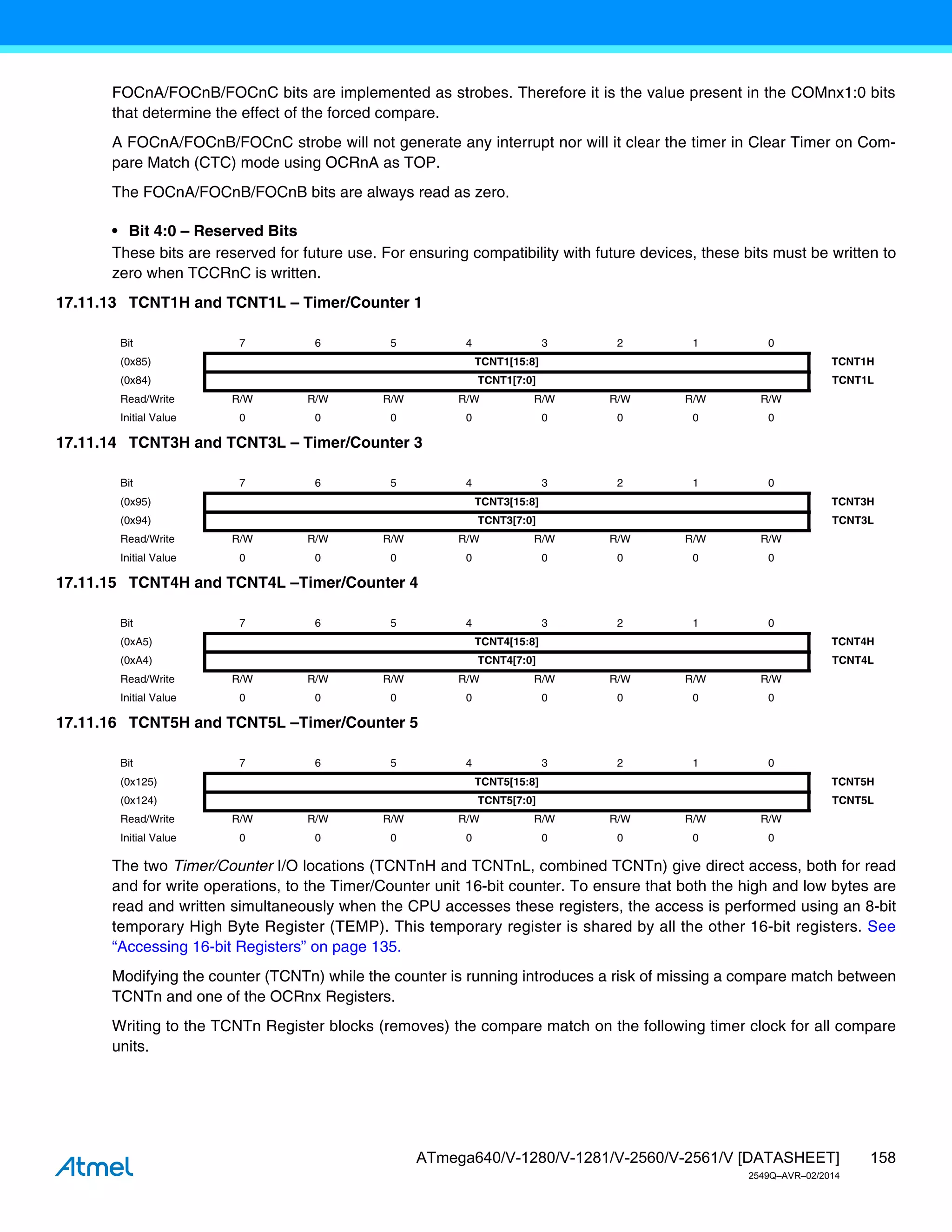 158
ATmega640/V-1280/V-1281/V-2560/V-2561/V [DATASHEET]
2549Q–AVR–02/2014
FOCnA/FOCnB/FOCnC bits are implemented as strobes. Therefore it is the value present in the COMnx1:0 bits
that determine the effect of the forced compare.
A FOCnA/FOCnB/FOCnC strobe will not generate any interrupt nor will it clear the timer in Clear Timer on Com-
pare Match (CTC) mode using OCRnA as TOP.
The FOCnA/FOCnB/FOCnB bits are always read as zero.
• Bit 4:0 – Reserved Bits
These bits are reserved for future use. For ensuring compatibility with future devices, these bits must be written to
zero when TCCRnC is written.
17.11.13 TCNT1H and TCNT1L – Timer/Counter 1
17.11.14 TCNT3H and TCNT3L – Timer/Counter 3
17.11.15 TCNT4H and TCNT4L –Timer/Counter 4
17.11.16 TCNT5H and TCNT5L –Timer/Counter 5
The two Timer/Counter I/O locations (TCNTnH and TCNTnL, combined TCNTn) give direct access, both for read
and for write operations, to the Timer/Counter unit 16-bit counter. To ensure that both the high and low bytes are
read and written simultaneously when the CPU accesses these registers, the access is performed using an 8-bit
temporary High Byte Register (TEMP). This temporary register is shared by all the other 16-bit registers. See
“Accessing 16-bit Registers” on page 135.
Modifying the counter (TCNTn) while the counter is running introduces a risk of missing a compare match between
TCNTn and one of the OCRnx Registers.
Writing to the TCNTn Register blocks (removes) the compare match on the following timer clock for all compare
units.
Bit 7 6 5 4 3 2 1 0
(0x85) TCNT1[15:8] TCNT1H
(0x84) TCNT1[7:0] TCNT1L
Read/Write R/W R/W R/W R/W R/W R/W R/W R/W
Initial Value 0 0 0 0 0 0 0 0
Bit 7 6 5 4 3 2 1 0
(0x95) TCNT3[15:8] TCNT3H
(0x94) TCNT3[7:0] TCNT3L
Read/Write R/W R/W R/W R/W R/W R/W R/W R/W
Initial Value 0 0 0 0 0 0 0 0
Bit 7 6 5 4 3 2 1 0
(0xA5) TCNT4[15:8] TCNT4H
(0xA4) TCNT4[7:0] TCNT4L
Read/Write R/W R/W R/W R/W R/W R/W R/W R/W
Initial Value 0 0 0 0 0 0 0 0
Bit 7 6 5 4 3 2 1 0
(0x125) TCNT5[15:8] TCNT5H
(0x124) TCNT5[7:0] TCNT5L
Read/Write R/W R/W R/W R/W R/W R/W R/W R/W
Initial Value 0 0 0 0 0 0 0 0
 
