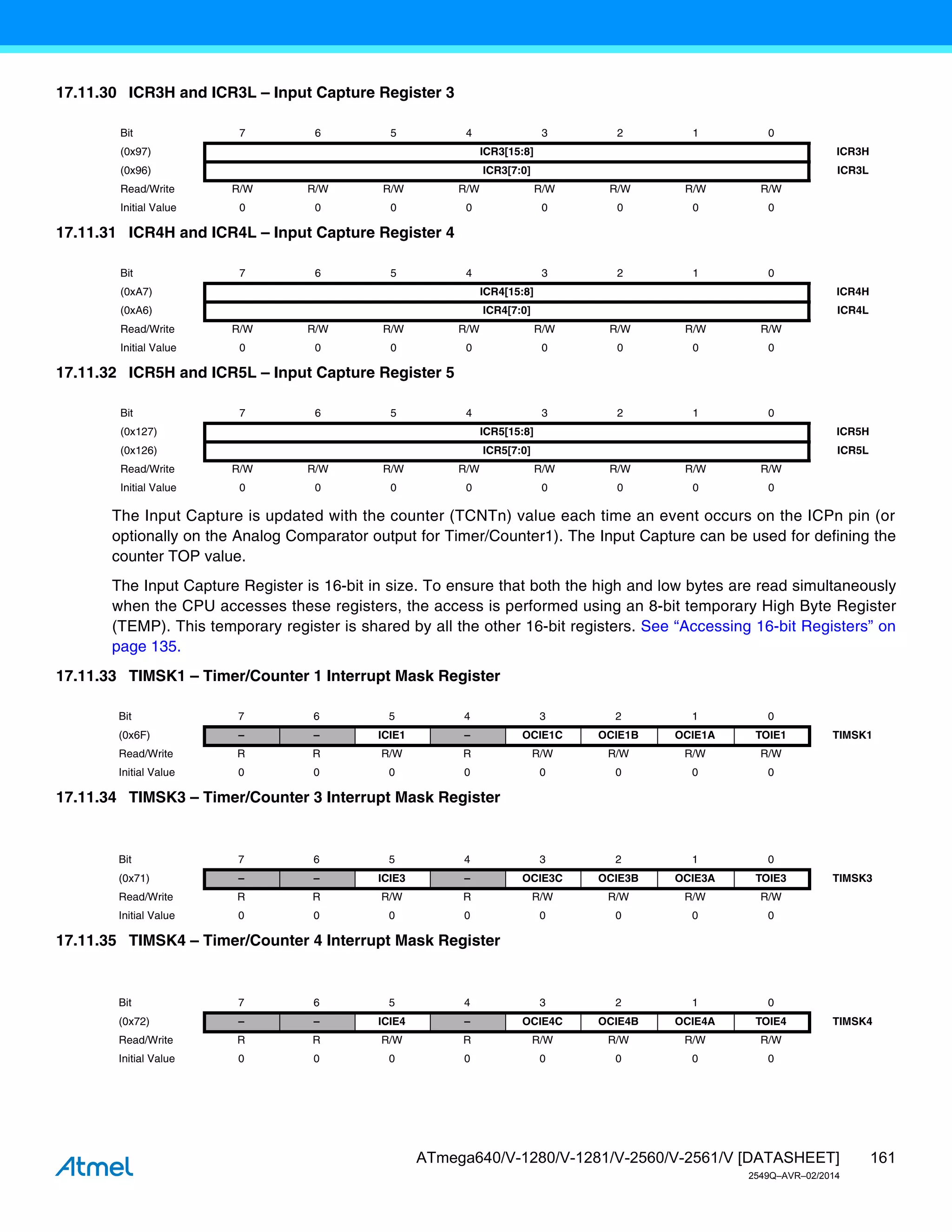 161
ATmega640/V-1280/V-1281/V-2560/V-2561/V [DATASHEET]
2549Q–AVR–02/2014
17.11.30 ICR3H and ICR3L – Input Capture Register 3
17.11.31 ICR4H and ICR4L – Input Capture Register 4
17.11.32 ICR5H and ICR5L – Input Capture Register 5
The Input Capture is updated with the counter (TCNTn) value each time an event occurs on the ICPn pin (or
optionally on the Analog Comparator output for Timer/Counter1). The Input Capture can be used for defining the
counter TOP value.
The Input Capture Register is 16-bit in size. To ensure that both the high and low bytes are read simultaneously
when the CPU accesses these registers, the access is performed using an 8-bit temporary High Byte Register
(TEMP). This temporary register is shared by all the other 16-bit registers. See “Accessing 16-bit Registers” on
page 135.
17.11.33 TIMSK1 – Timer/Counter 1 Interrupt Mask Register
17.11.34 TIMSK3 – Timer/Counter 3 Interrupt Mask Register
17.11.35 TIMSK4 – Timer/Counter 4 Interrupt Mask Register
Bit 7 6 5 4 3 2 1 0
(0x97) ICR3[15:8] ICR3H
(0x96) ICR3[7:0] ICR3L
Read/Write R/W R/W R/W R/W R/W R/W R/W R/W
Initial Value 0 0 0 0 0 0 0 0
Bit 7 6 5 4 3 2 1 0
(0xA7) ICR4[15:8] ICR4H
(0xA6) ICR4[7:0] ICR4L
Read/Write R/W R/W R/W R/W R/W R/W R/W R/W
Initial Value 0 0 0 0 0 0 0 0
Bit 7 6 5 4 3 2 1 0
(0x127) ICR5[15:8] ICR5H
(0x126) ICR5[7:0] ICR5L
Read/Write R/W R/W R/W R/W R/W R/W R/W R/W
Initial Value 0 0 0 0 0 0 0 0
Bit 7 6 5 4 3 2 1 0
(0x6F) – – ICIE1 – OCIE1C OCIE1B OCIE1A TOIE1 TIMSK1
Read/Write R R R/W R R/W R/W R/W R/W
Initial Value 0 0 0 0 0 0 0 0
Bit 7 6 5 4 3 2 1 0
(0x71) – – ICIE3 – OCIE3C OCIE3B OCIE3A TOIE3 TIMSK3
Read/Write R R R/W R R/W R/W R/W R/W
Initial Value 0 0 0 0 0 0 0 0
Bit 7 6 5 4 3 2 1 0
(0x72) – – ICIE4 – OCIE4C OCIE4B OCIE4A TOIE4 TIMSK4
Read/Write R R R/W R R/W R/W R/W R/W
Initial Value 0 0 0 0 0 0 0 0
 