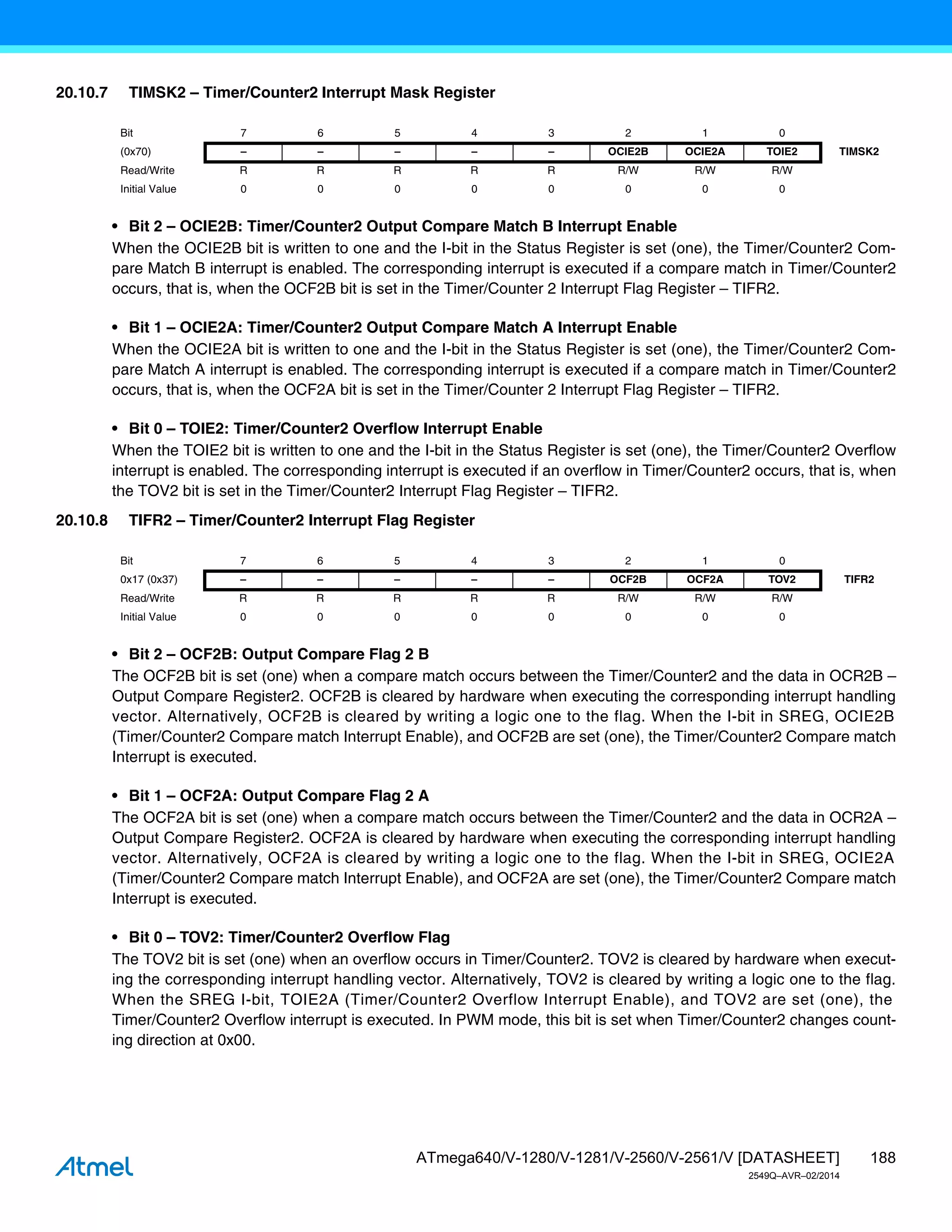 188
ATmega640/V-1280/V-1281/V-2560/V-2561/V [DATASHEET]
2549Q–AVR–02/2014
20.10.7 TIMSK2 – Timer/Counter2 Interrupt Mask Register
• Bit 2 – OCIE2B: Timer/Counter2 Output Compare Match B Interrupt Enable
When the OCIE2B bit is written to one and the I-bit in the Status Register is set (one), the Timer/Counter2 Com-
pare Match B interrupt is enabled. The corresponding interrupt is executed if a compare match in Timer/Counter2
occurs, that is, when the OCF2B bit is set in the Timer/Counter 2 Interrupt Flag Register – TIFR2.
• Bit 1 – OCIE2A: Timer/Counter2 Output Compare Match A Interrupt Enable
When the OCIE2A bit is written to one and the I-bit in the Status Register is set (one), the Timer/Counter2 Com-
pare Match A interrupt is enabled. The corresponding interrupt is executed if a compare match in Timer/Counter2
occurs, that is, when the OCF2A bit is set in the Timer/Counter 2 Interrupt Flag Register – TIFR2.
• Bit 0 – TOIE2: Timer/Counter2 Overflow Interrupt Enable
When the TOIE2 bit is written to one and the I-bit in the Status Register is set (one), the Timer/Counter2 Overflow
interrupt is enabled. The corresponding interrupt is executed if an overflow in Timer/Counter2 occurs, that is, when
the TOV2 bit is set in the Timer/Counter2 Interrupt Flag Register – TIFR2.
20.10.8 TIFR2 – Timer/Counter2 Interrupt Flag Register
• Bit 2 – OCF2B: Output Compare Flag 2 B
The OCF2B bit is set (one) when a compare match occurs between the Timer/Counter2 and the data in OCR2B –
Output Compare Register2. OCF2B is cleared by hardware when executing the corresponding interrupt handling
vector. Alternatively, OCF2B is cleared by writing a logic one to the flag. When the I-bit in SREG, OCIE2B
(Timer/Counter2 Compare match Interrupt Enable), and OCF2B are set (one), the Timer/Counter2 Compare match
Interrupt is executed.
• Bit 1 – OCF2A: Output Compare Flag 2 A
The OCF2A bit is set (one) when a compare match occurs between the Timer/Counter2 and the data in OCR2A –
Output Compare Register2. OCF2A is cleared by hardware when executing the corresponding interrupt handling
vector. Alternatively, OCF2A is cleared by writing a logic one to the flag. When the I-bit in SREG, OCIE2A
(Timer/Counter2 Compare match Interrupt Enable), and OCF2A are set (one), the Timer/Counter2 Compare match
Interrupt is executed.
• Bit 0 – TOV2: Timer/Counter2 Overflow Flag
The TOV2 bit is set (one) when an overflow occurs in Timer/Counter2. TOV2 is cleared by hardware when execut-
ing the corresponding interrupt handling vector. Alternatively, TOV2 is cleared by writing a logic one to the flag.
When the SREG I-bit, TOIE2A (Timer/Counter2 Overflow Interrupt Enable), and TOV2 are set (one), the
Timer/Counter2 Overflow interrupt is executed. In PWM mode, this bit is set when Timer/Counter2 changes count-
ing direction at 0x00.
Bit 7 6 5 4 3 2 1 0
(0x70) – – – – – OCIE2B OCIE2A TOIE2 TIMSK2
Read/Write R R R R R R/W R/W R/W
Initial Value 0 0 0 0 0 0 0 0
Bit 7 6 5 4 3 2 1 0
0x17 (0x37) – – – – – OCF2B OCF2A TOV2 TIFR2
Read/Write R R R R R R/W R/W R/W
Initial Value 0 0 0 0 0 0 0 0
 
