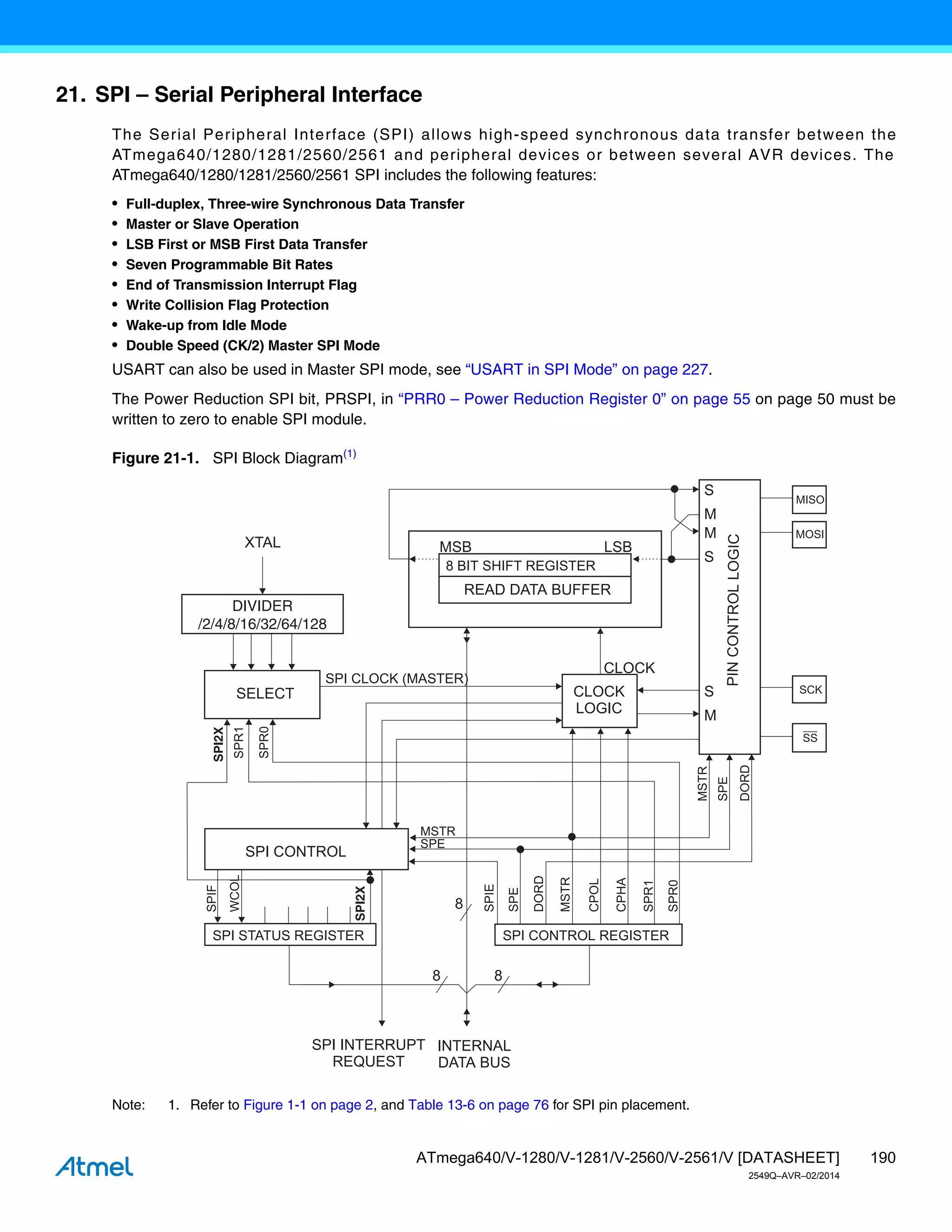 190
ATmega640/V-1280/V-1281/V-2560/V-2561/V [DATASHEET]
2549Q–AVR–02/2014
21. SPI – Serial Peripheral Interface
The Serial Peripheral Interface (SPI) allows high-speed synchronous data transfer between the
ATmega640/1280/1281/2560/2561 and peripheral devices or between several AVR devices. The
ATmega640/1280/1281/2560/2561 SPI includes the following features:
• Full-duplex, Three-wire Synchronous Data Transfer
• Master or Slave Operation
• LSB First or MSB First Data Transfer
• Seven Programmable Bit Rates
• End of Transmission Interrupt Flag
• Write Collision Flag Protection
• Wake-up from Idle Mode
• Double Speed (CK/2) Master SPI Mode
USART can also be used in Master SPI mode, see “USART in SPI Mode” on page 227.
The Power Reduction SPI bit, PRSPI, in “PRR0 – Power Reduction Register 0” on page 55 on page 50 must be
written to zero to enable SPI module.
Figure 21-1. SPI Block Diagram(1)
Note: 1. Refer to Figure 1-1 on page 2, and Table 13-6 on page 76 for SPI pin placement.
SPI2X
SPI2X
DIVIDER
/2/4/8/16/32/64/128
 
